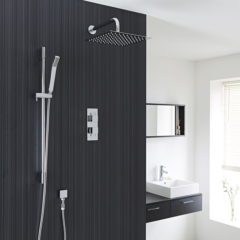 Square Thermostatic 2 Outlet Shower System with 12" Head with Wall Arm & Handshower