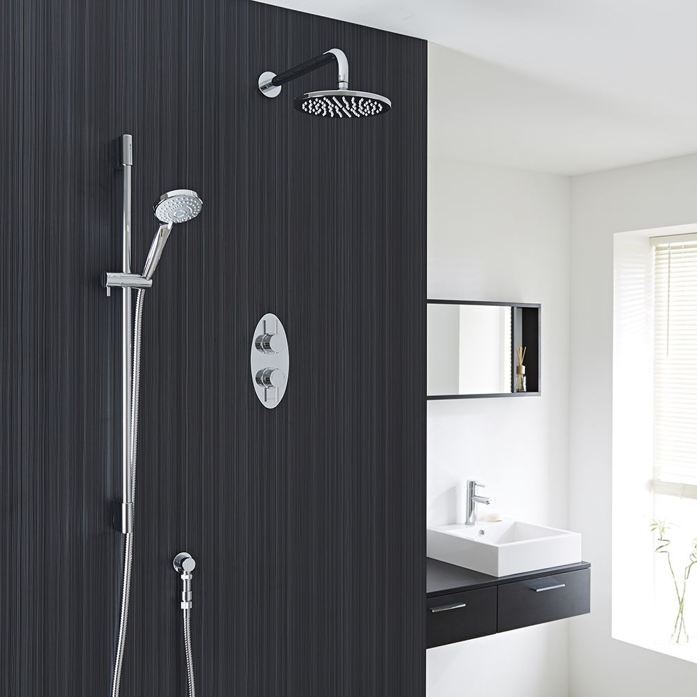 Quest Thermostatic 2 Outlet Shower System with 8" Head with Wall Arm & Multi-function Handshower