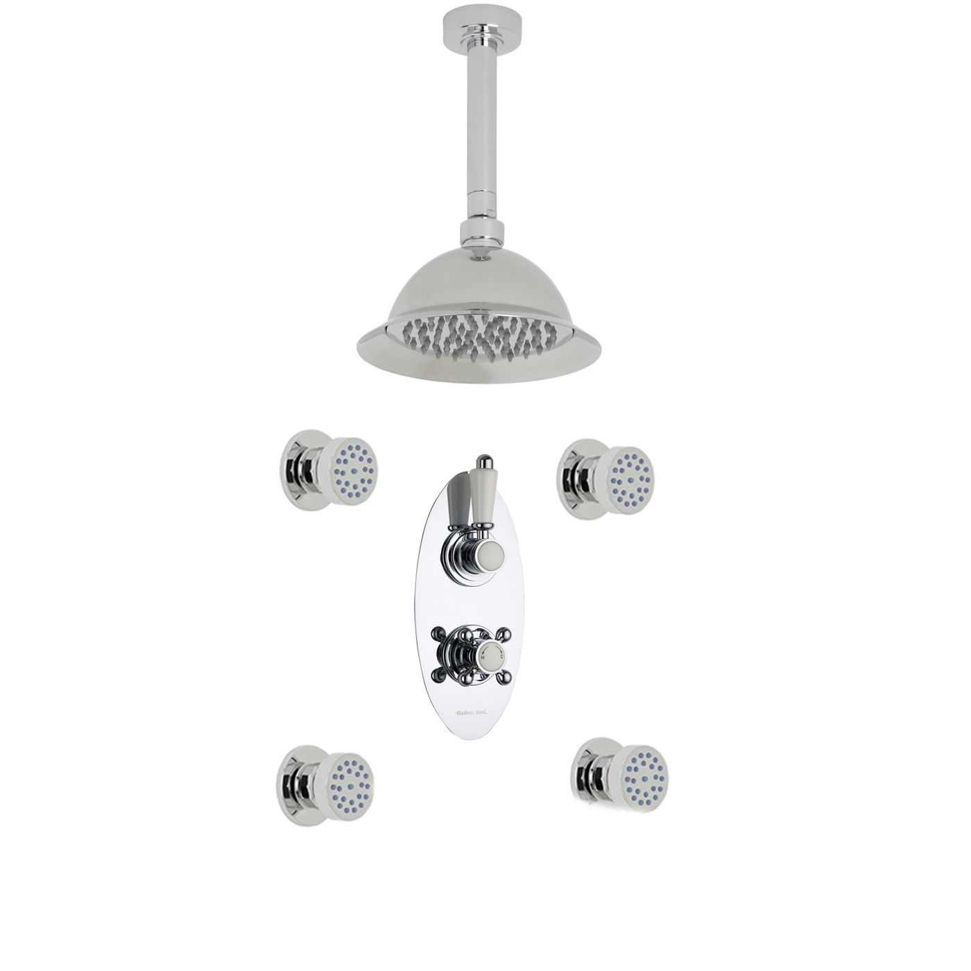 Traditional Thermostatic 2 Outlet Shower System with 8" Rose with Ceiling Arm & 4 Round Jet Sprays