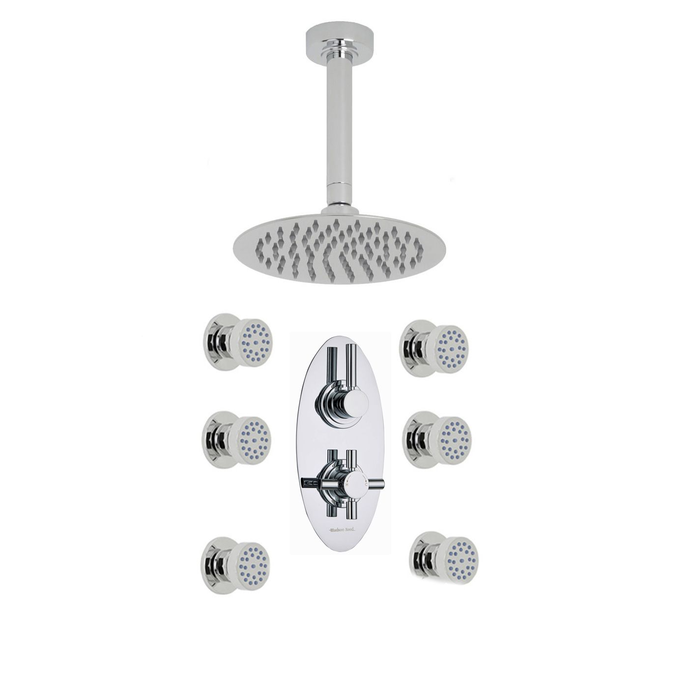 Tec Thermostatic 2 Outlet Shower System with 8" Round Head & Ceiling Arm & 6 Round Jet Sprays