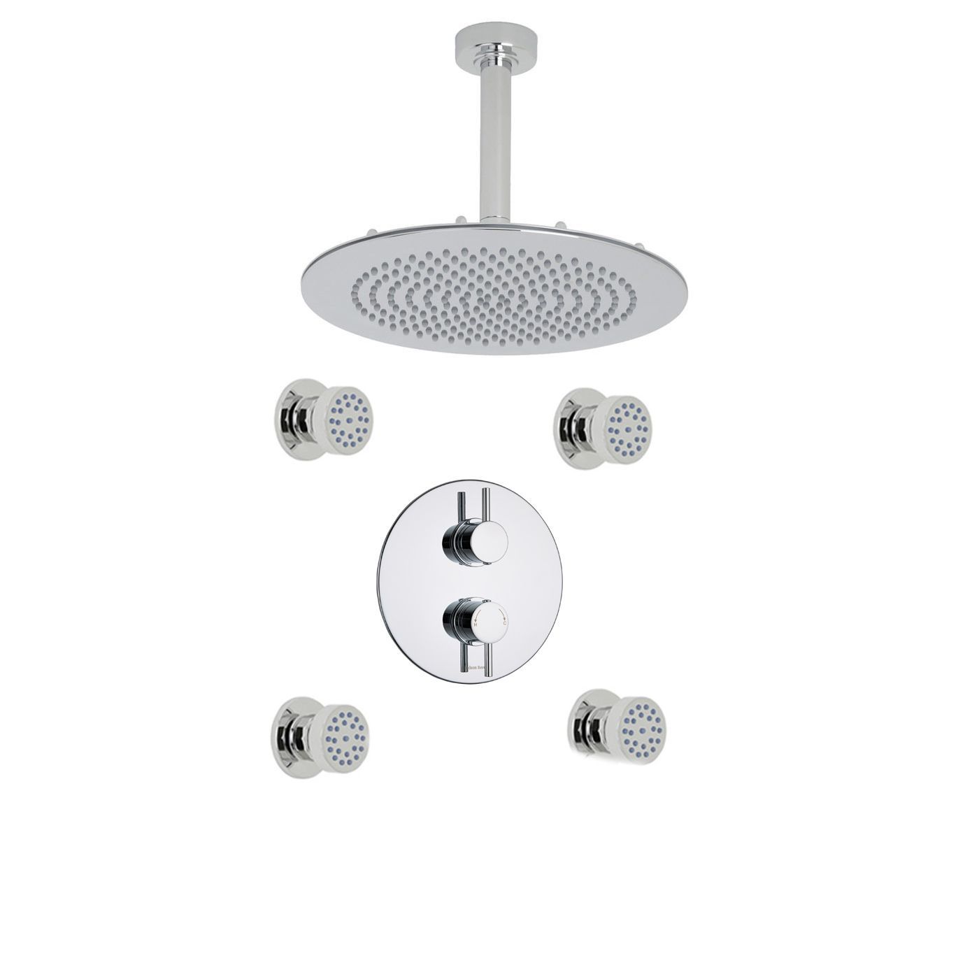 Quest Thermostatic 2 Outlet Shower System with 4 Round Jets & 12" Ceiling Mounted Head