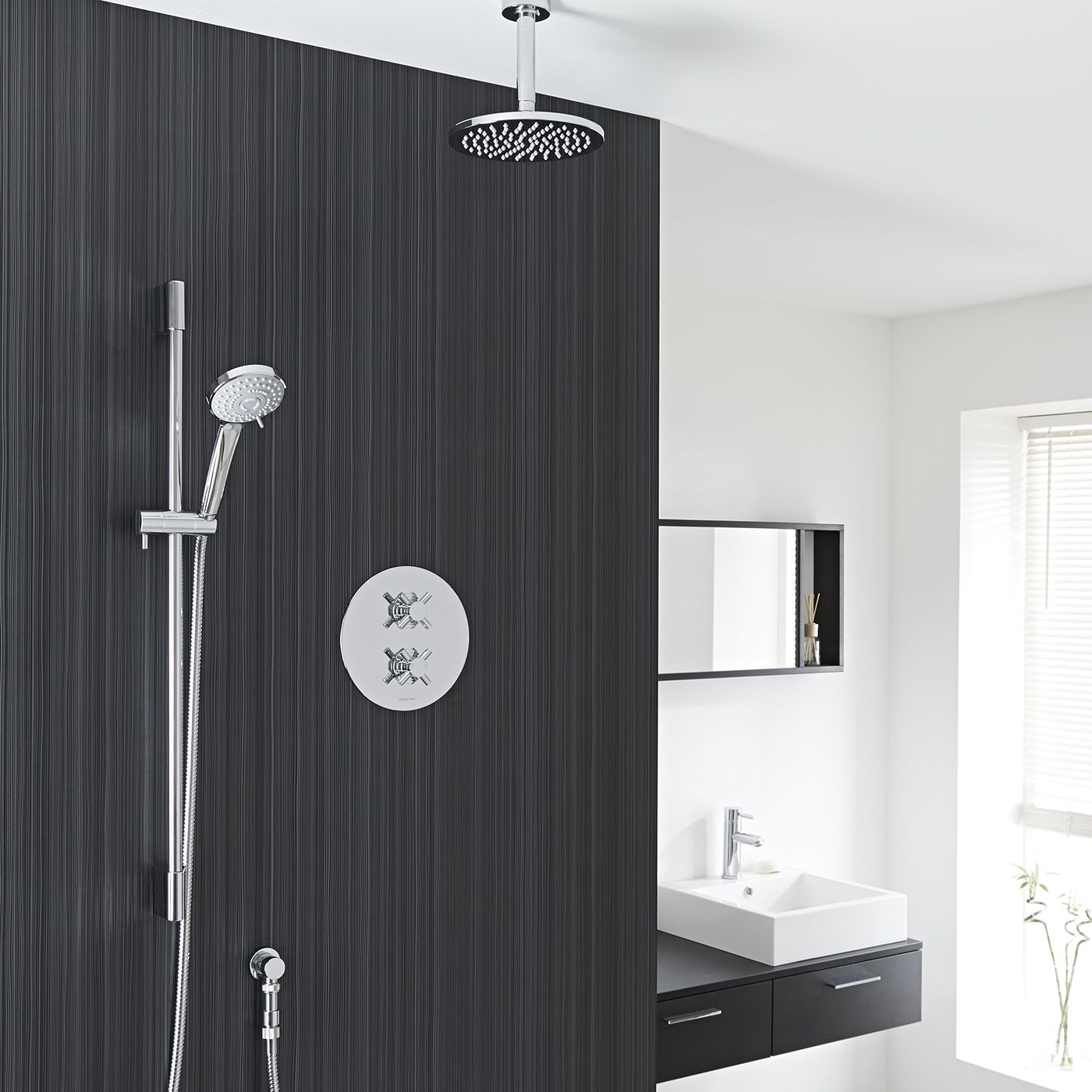 Kristal Thermostatic 2 Outlet Shower System with Multi-Function Handshower & 8" Ceiling Mounted Head