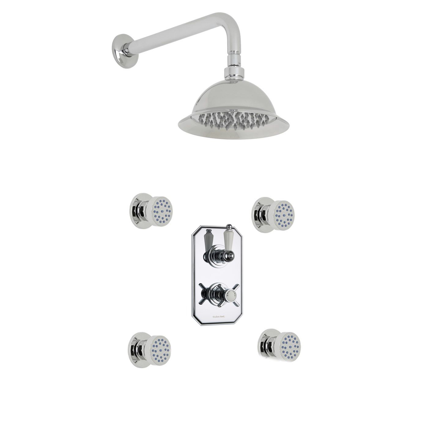 Beaumont Thermostatic 2 Outlet Shower System with 8" Round Rose & Arm & 6 Round Jet Sprays