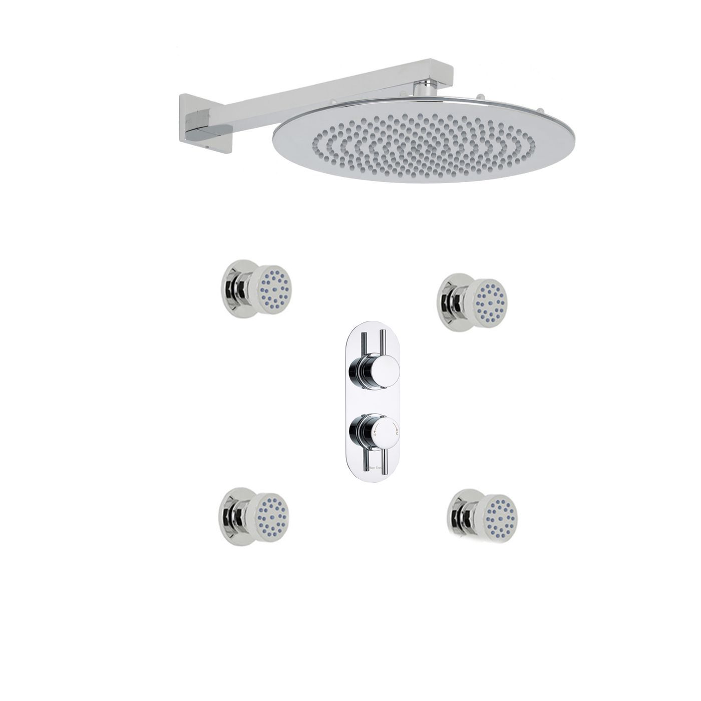 Quest Thermostatic 2 Outlet Shower System with 12" Round Head & Arm & 4 Round Jet Sprays