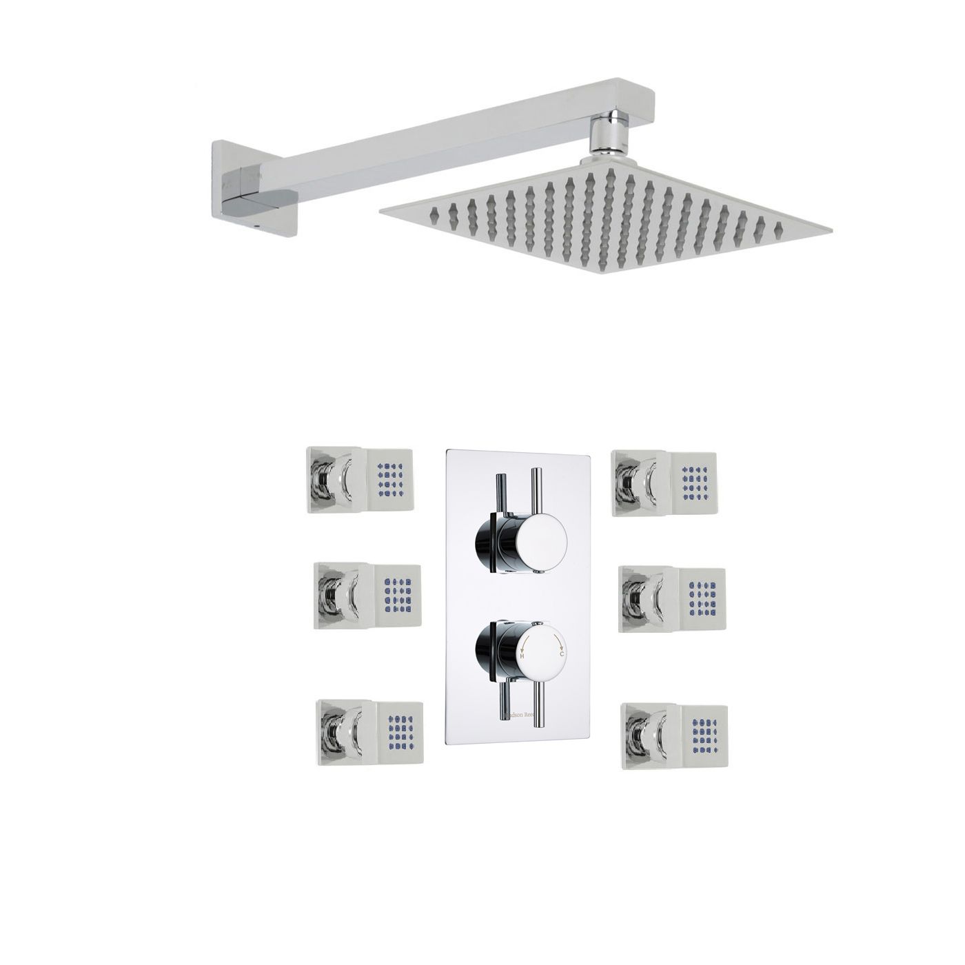 Quest Thermostatic 2 Outlet Shower System with 8" Square Head & Arm & 6 Square Jet Sprays