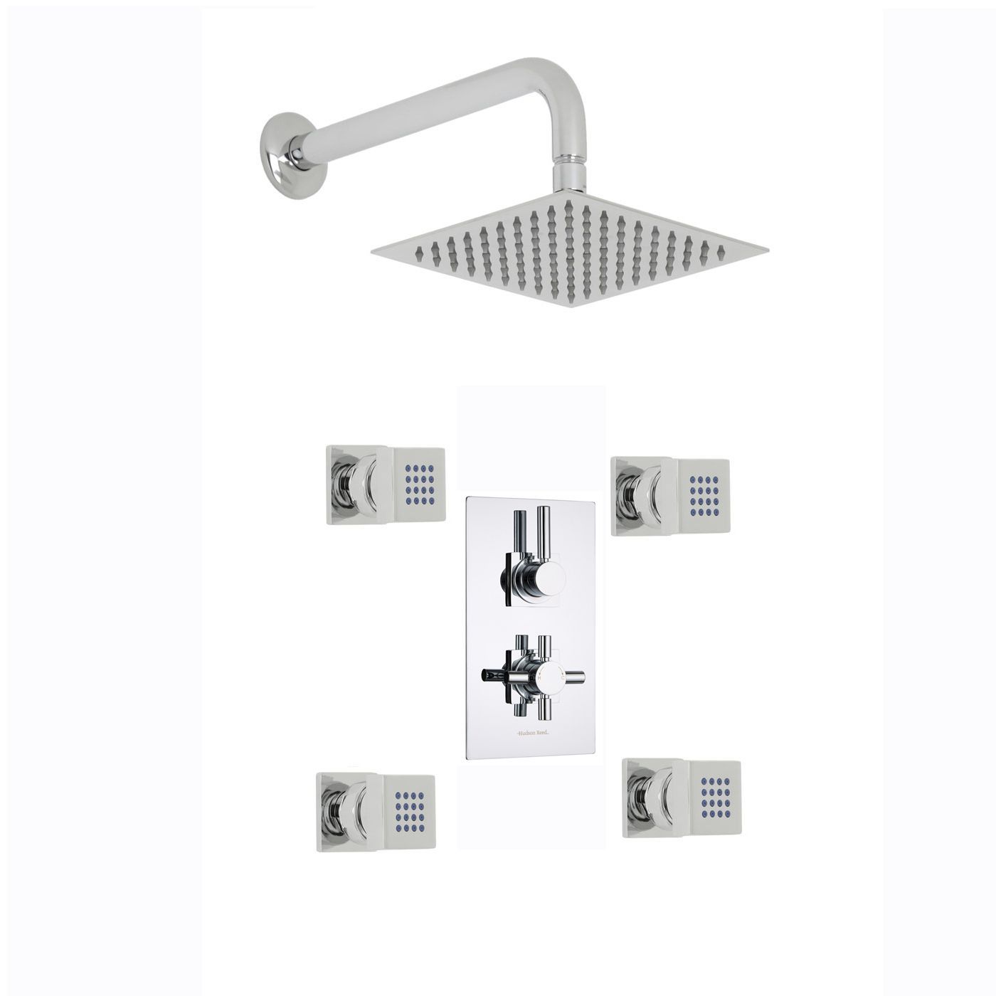 Tec Thermostatic 2 Outlet Shower System with 8" Square Head & Wall Arm & 4 Square Jet Sprays