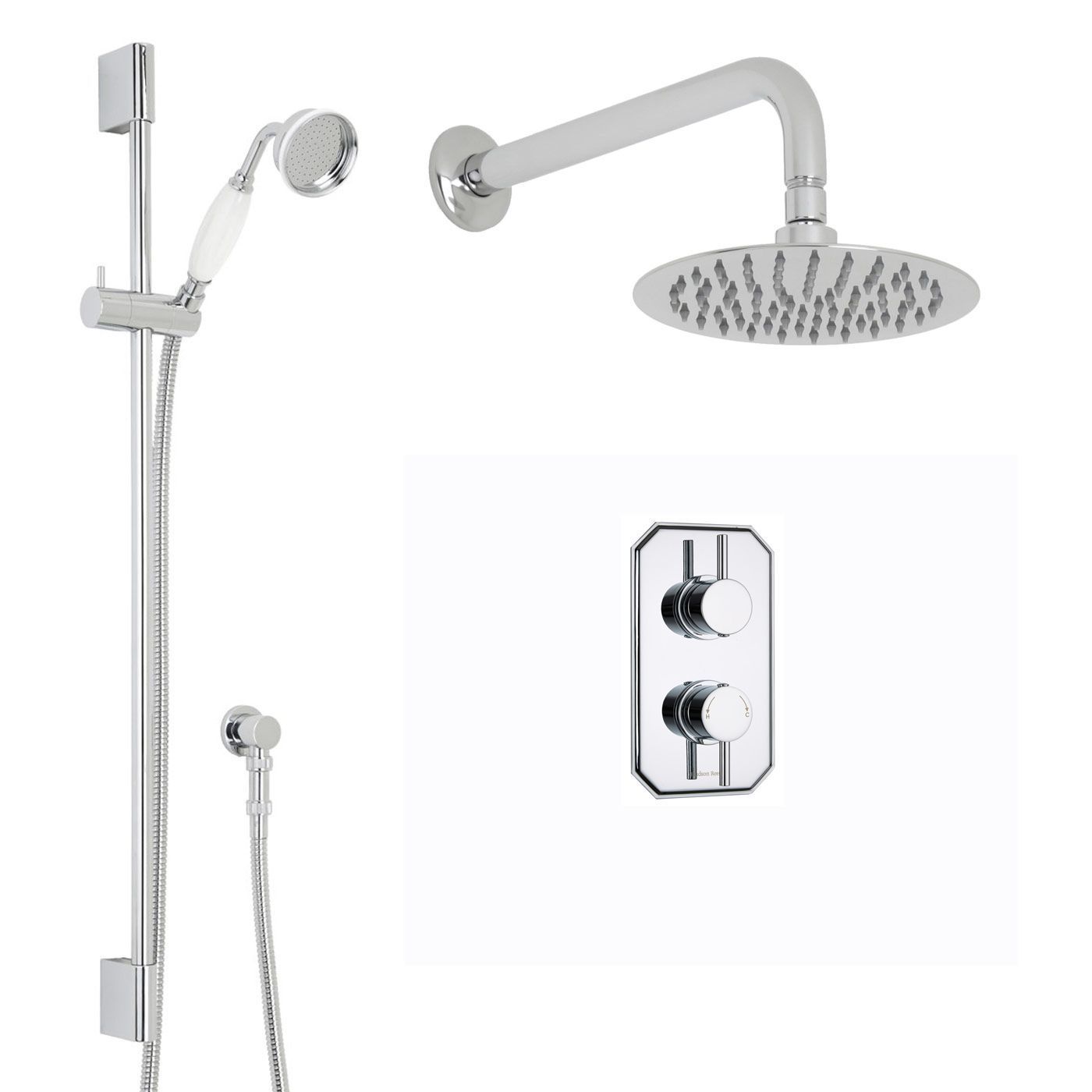 Quest Thermostatic 2 Outlet Shower System with 8" Round Head & Wall Arm & Handset