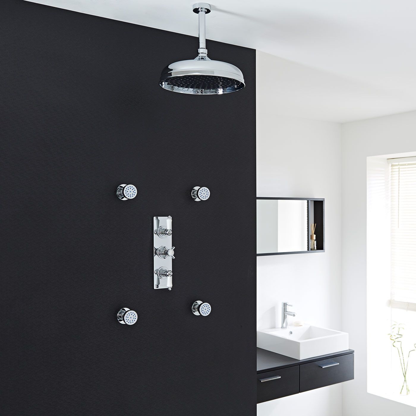 Beaumont Thermostatic Shower System with 12" Ceiling Apron & 4 Round Jet Sprays