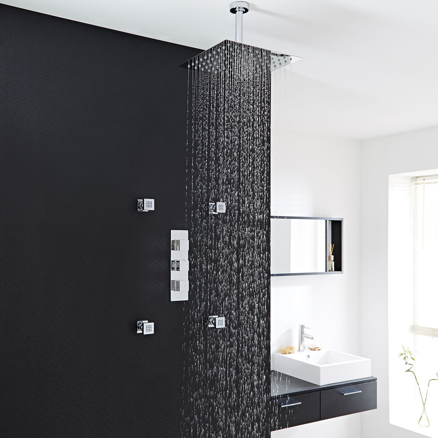 Kubix Thermostatic Shower System with 12" Square Ceiling Head & 4 Square Jet Sprays