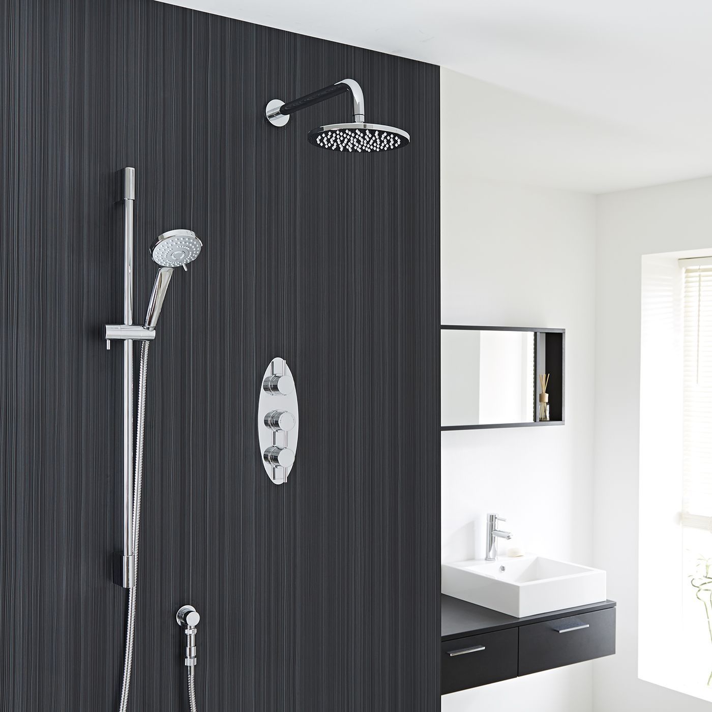 Quest Thermostatic Shower System with 8" Head with Wall Arm & Multi-function Handshower