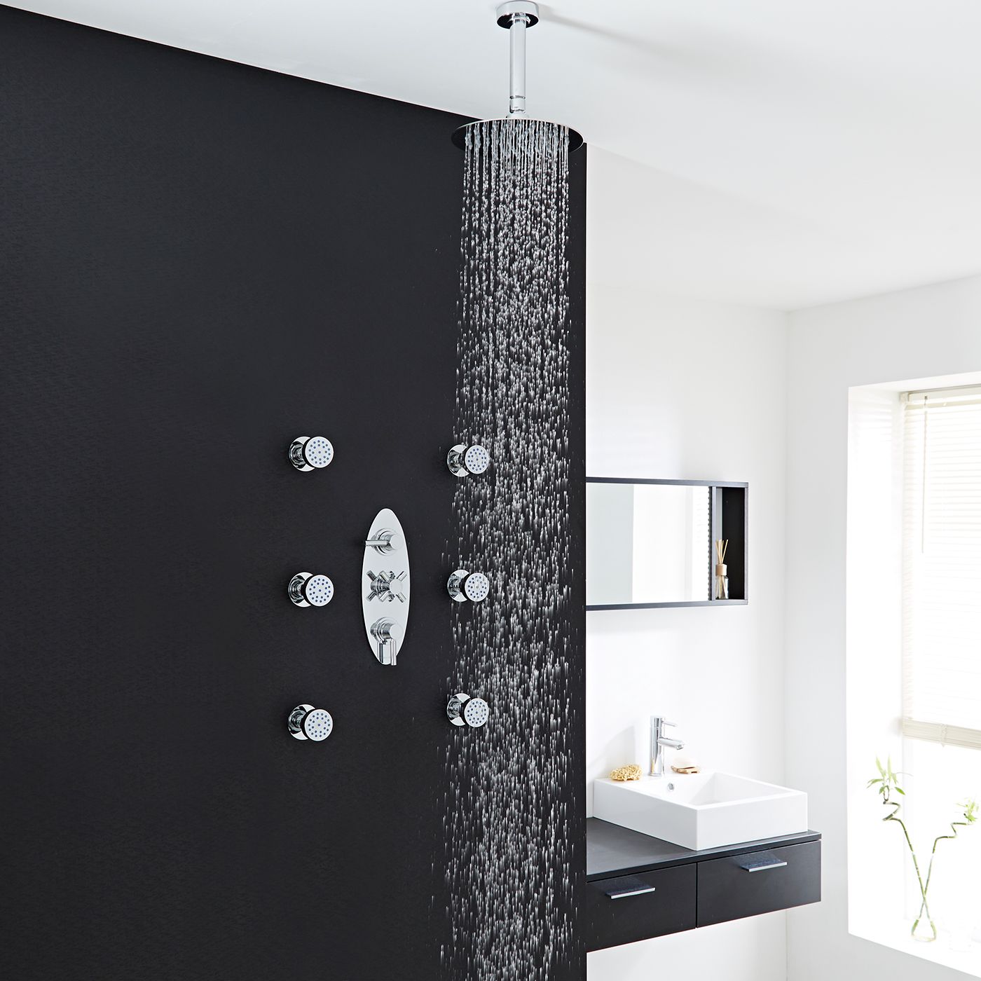Tec Thermostatic Shower System with 8" Round Head & Ceiling Arm & 6 Round Jet Sprays