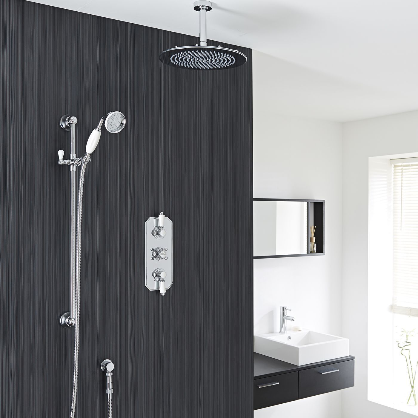 Traditional Thermostatic Shower System with 12" Round Head & Ceiling Arm & Handset
