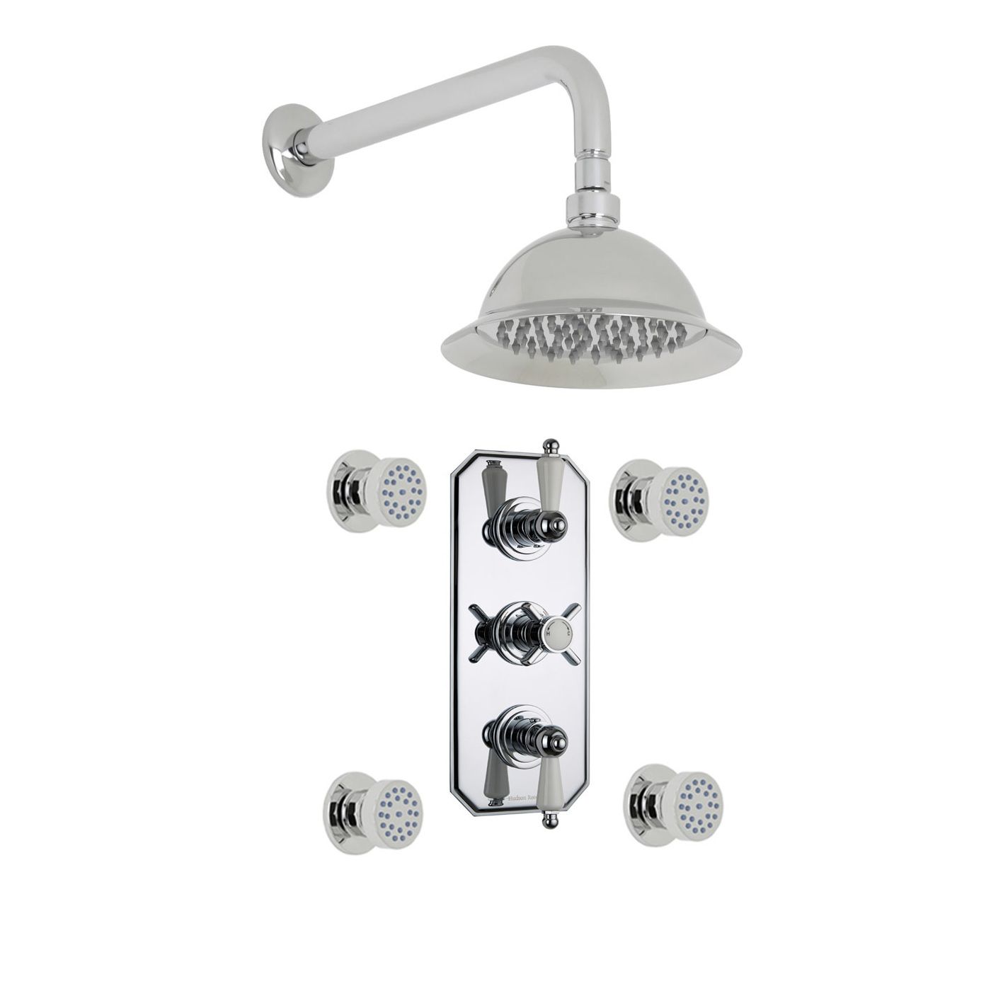 Beaumont Thermostatic Shower System with 8" Round Rose & Arm & 4 Round Jet Sprays
