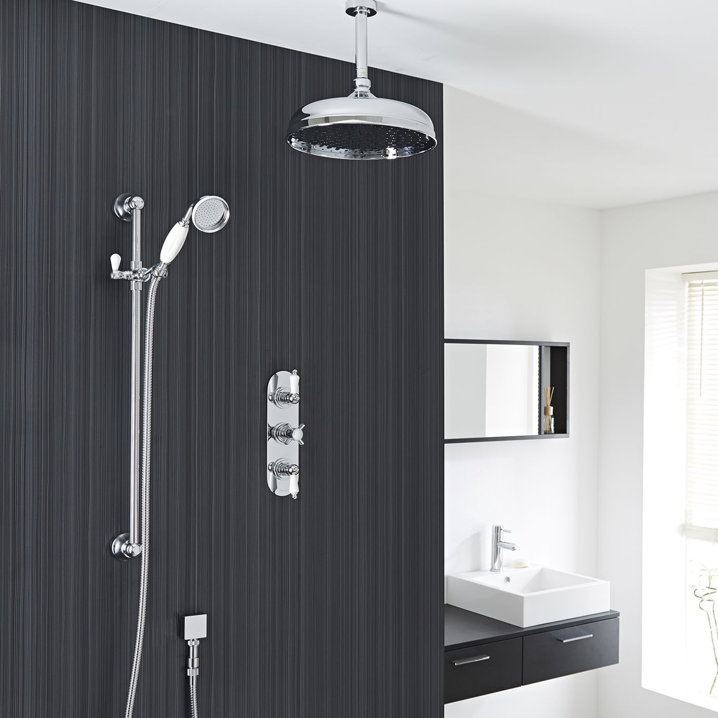 Beaumont Thermostatic Shower System with 12" Apron Head & Ceiling Arm & Brass Handset