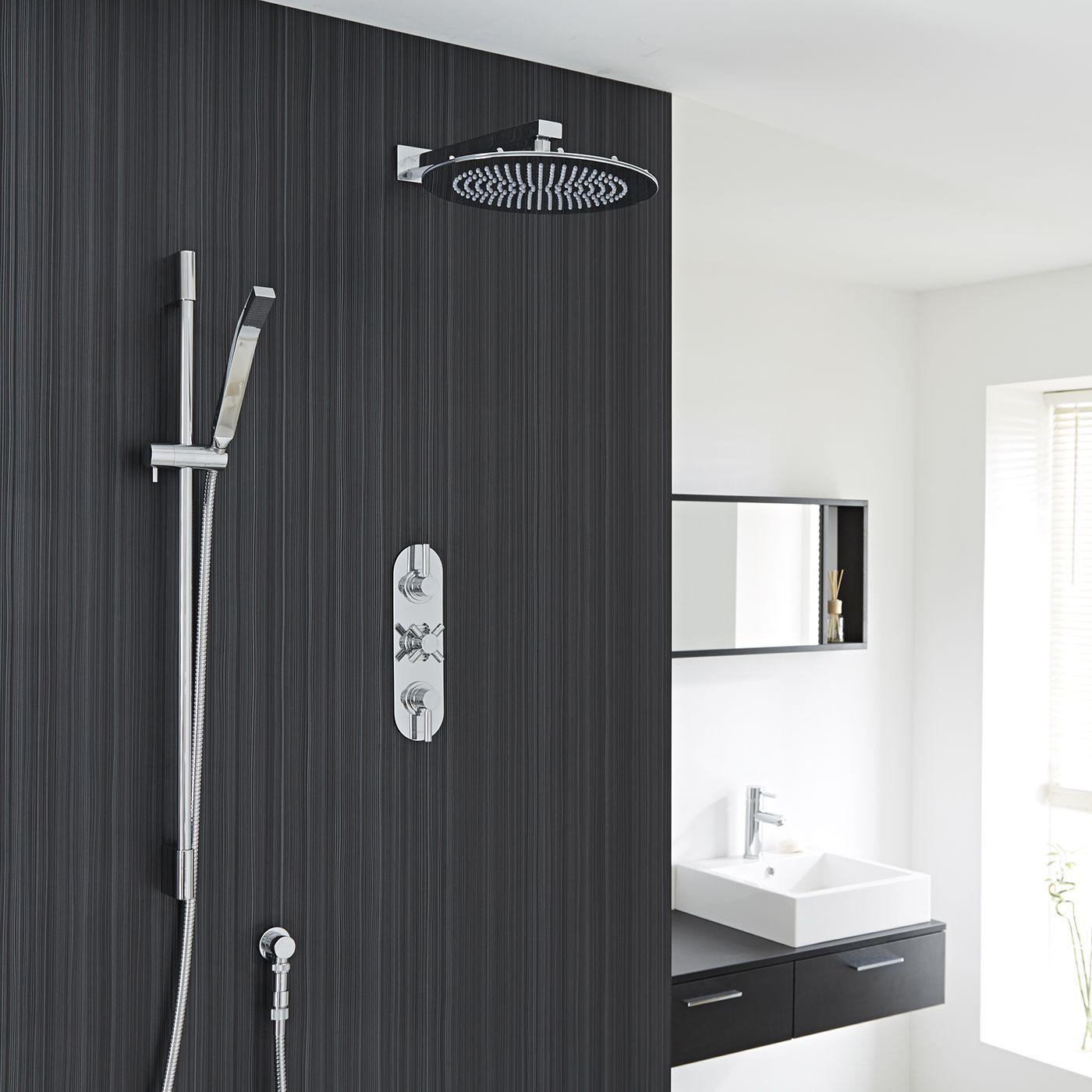 Tec Thermostatic Shower System with 12" Round Head & Arm & Brass Handset