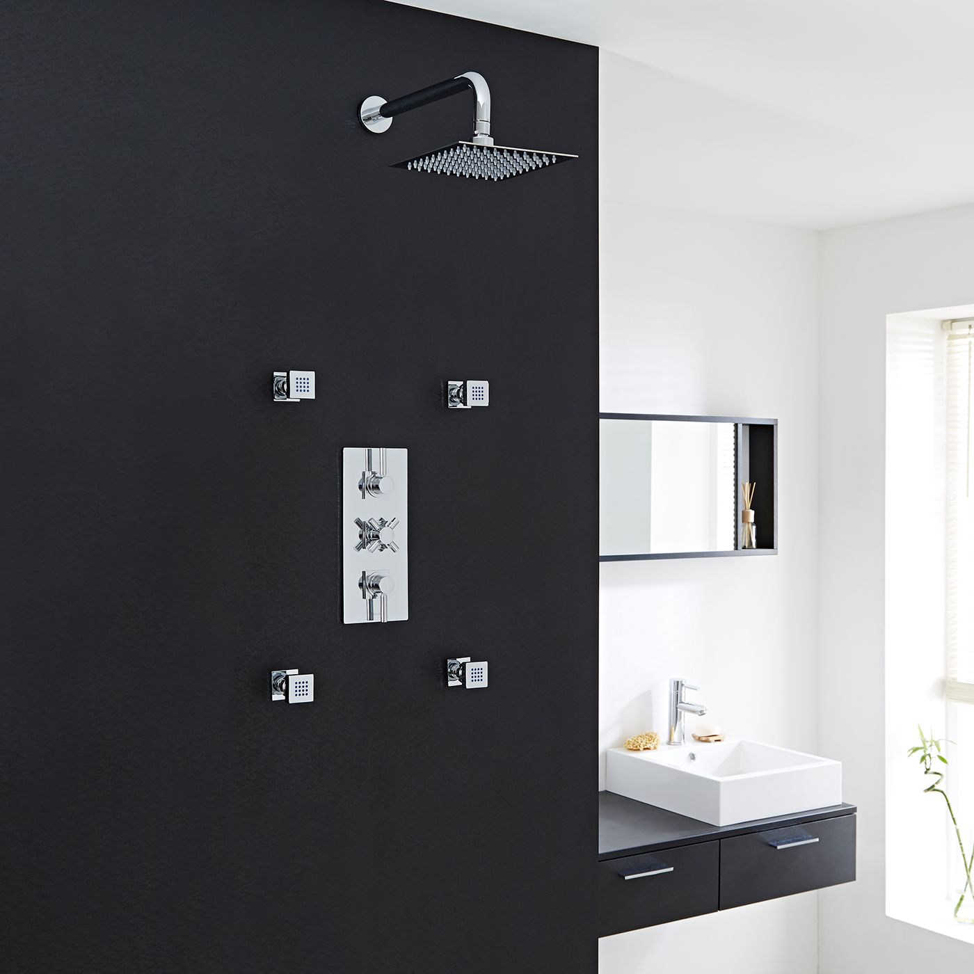 Tec Thermostatic Shower System with 8" Square Head & Wall Arm & 4 Square Jet Sprays