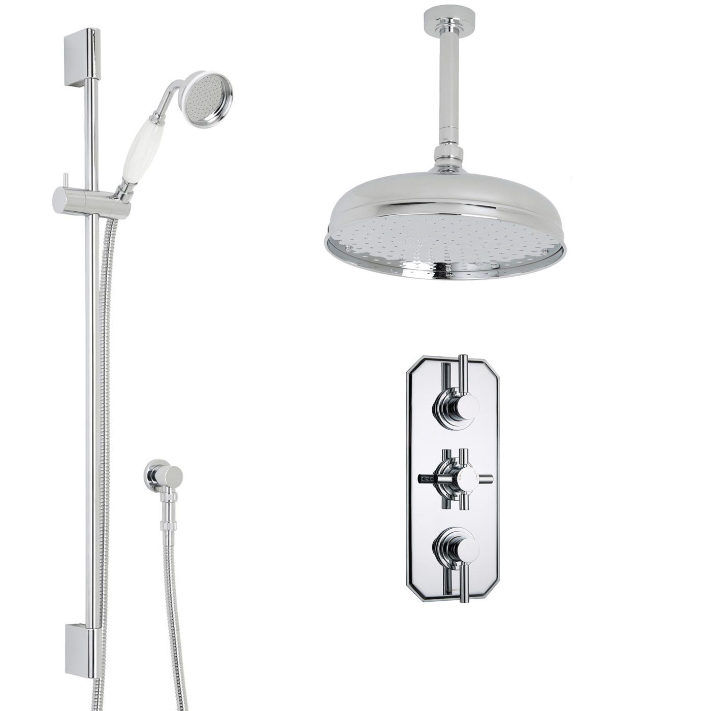 Tec Thermostatic Shower System with 12" Round Apron Head & Ceiling Arm & Handset