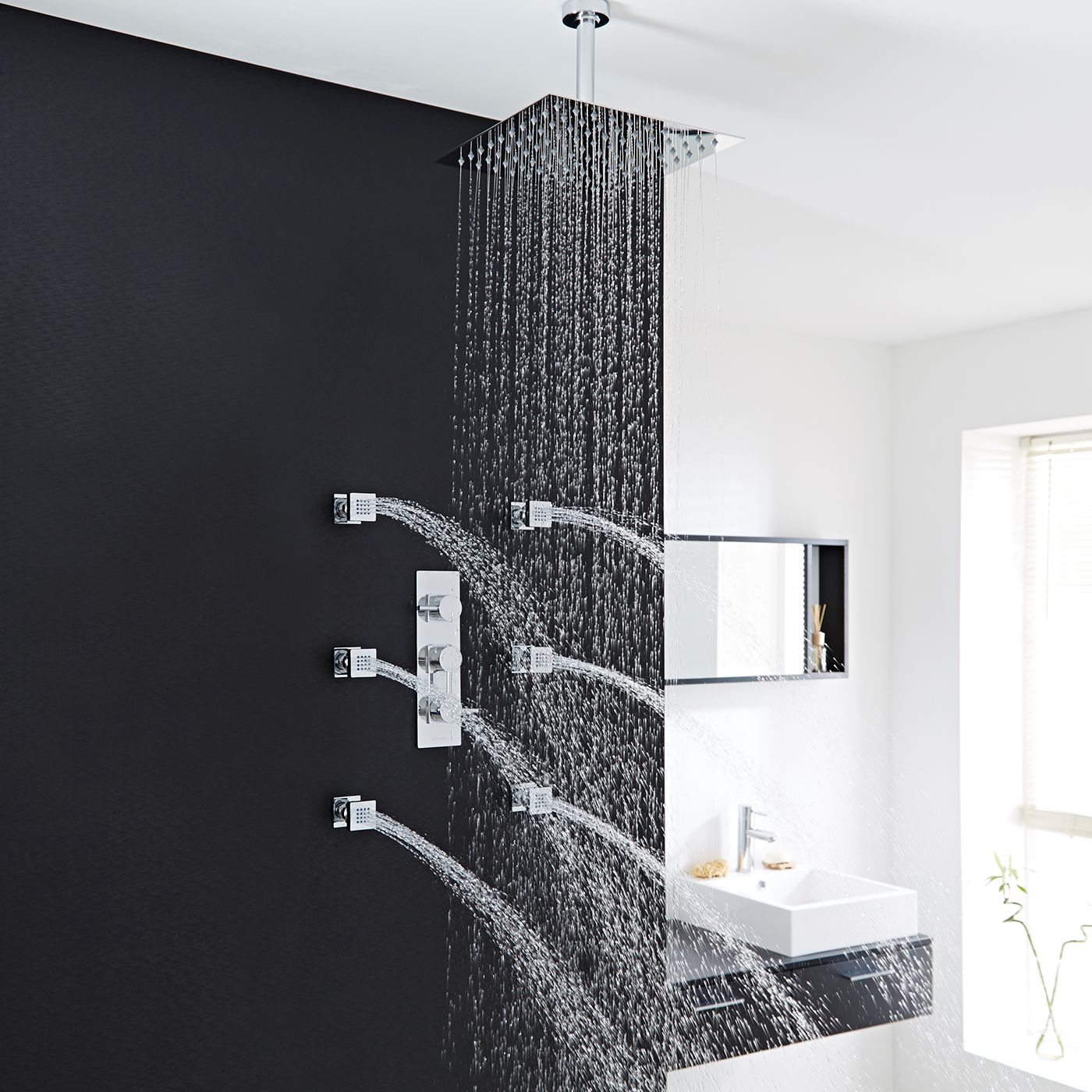 Quest Thermostatic Shower System with 12" Square Head & Ceiling Arm & 6 Square Body Sprays