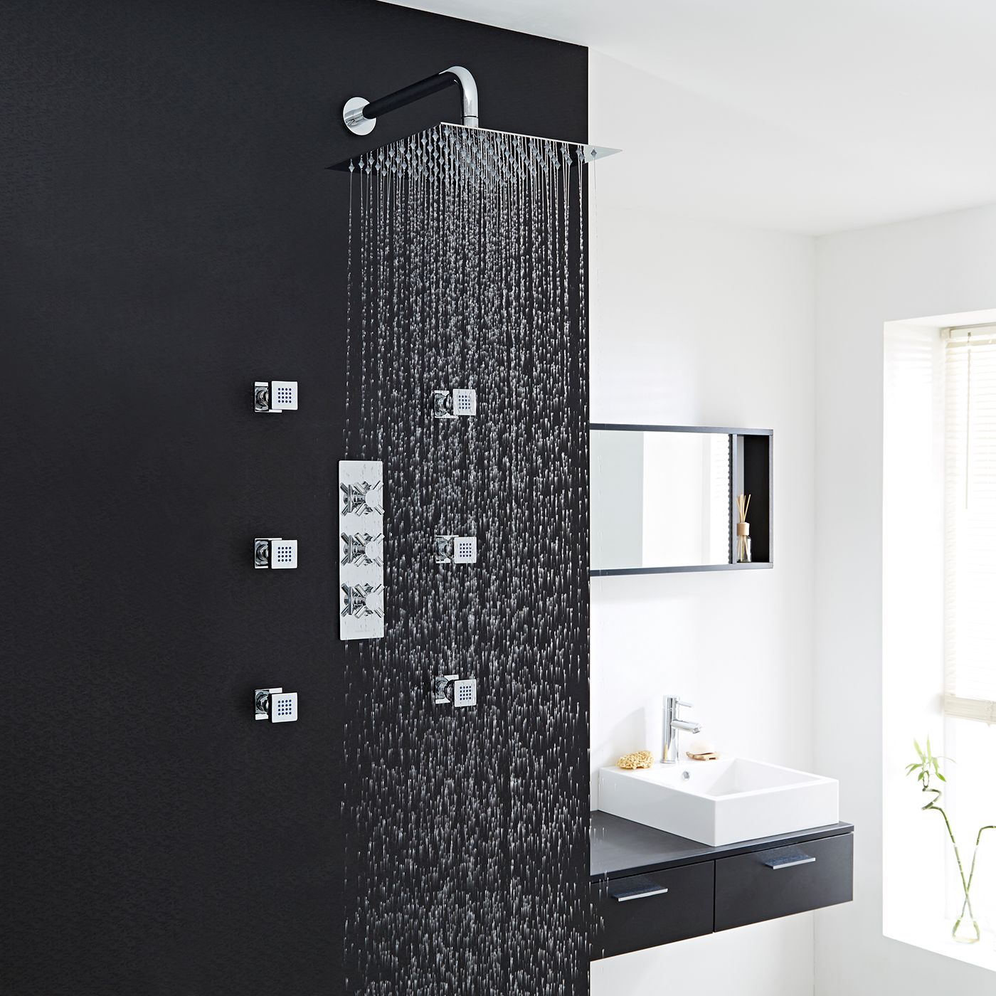 Kristal Thermostatic Shower System with 12" Square Head & Wall Arm & 6 Square Body Sprays