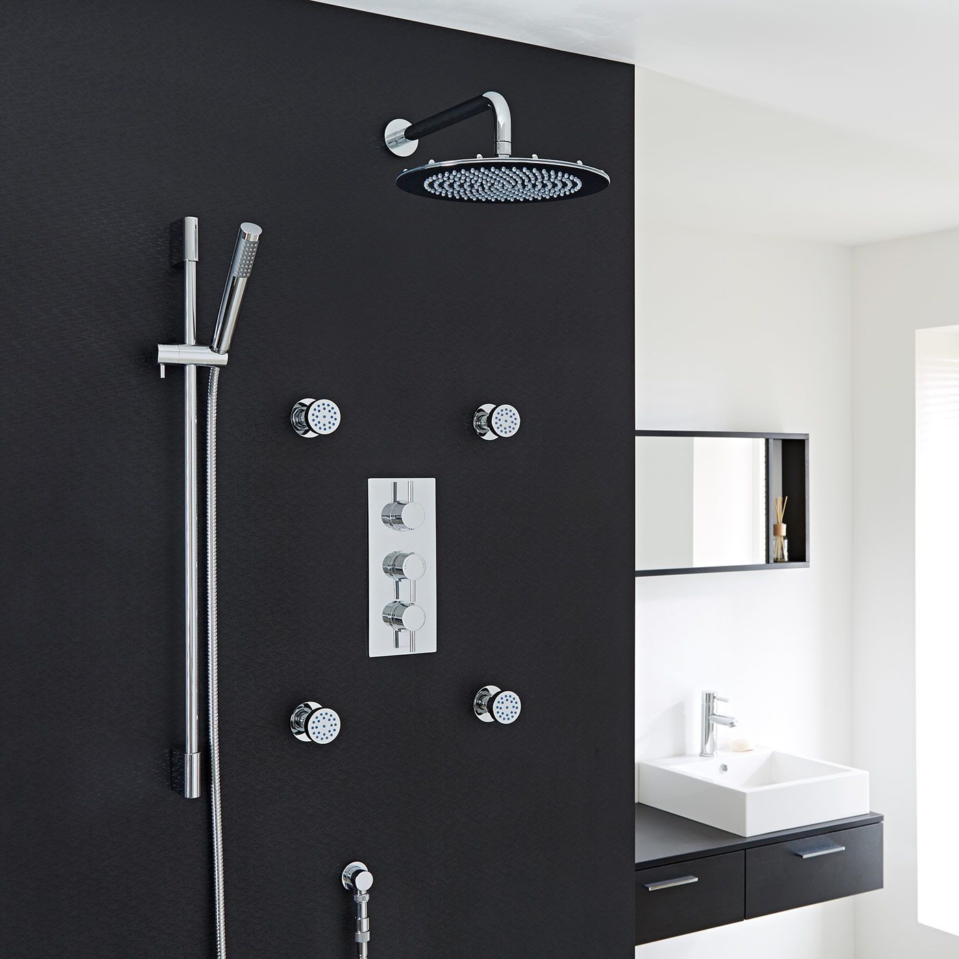 Quest Thermostatic Shower System with 12" Head, Handshower & 4 Jet Sprays