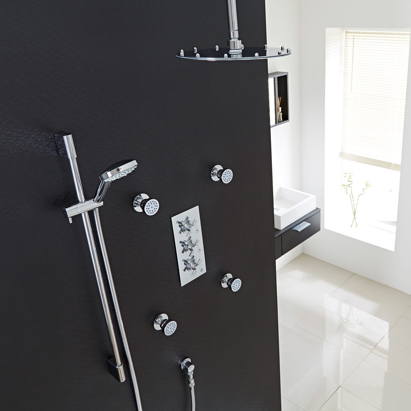 Kristal Thermostatic Shower System with 12" Ceiling Head, Handshower & 4 Jet Sprays