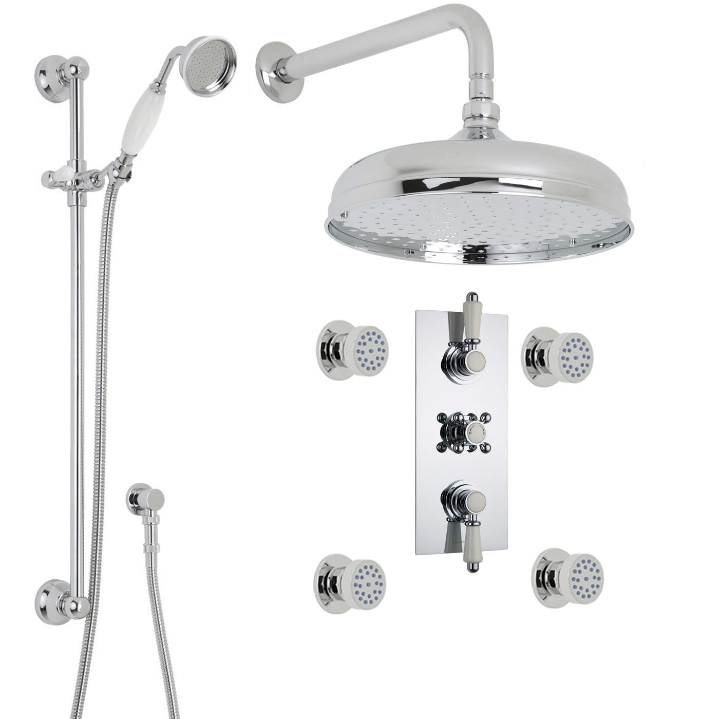 Traditional Thermostatic Shower System with 12" Ceiling Apron Head, Handshower & 4 Jet Sprays