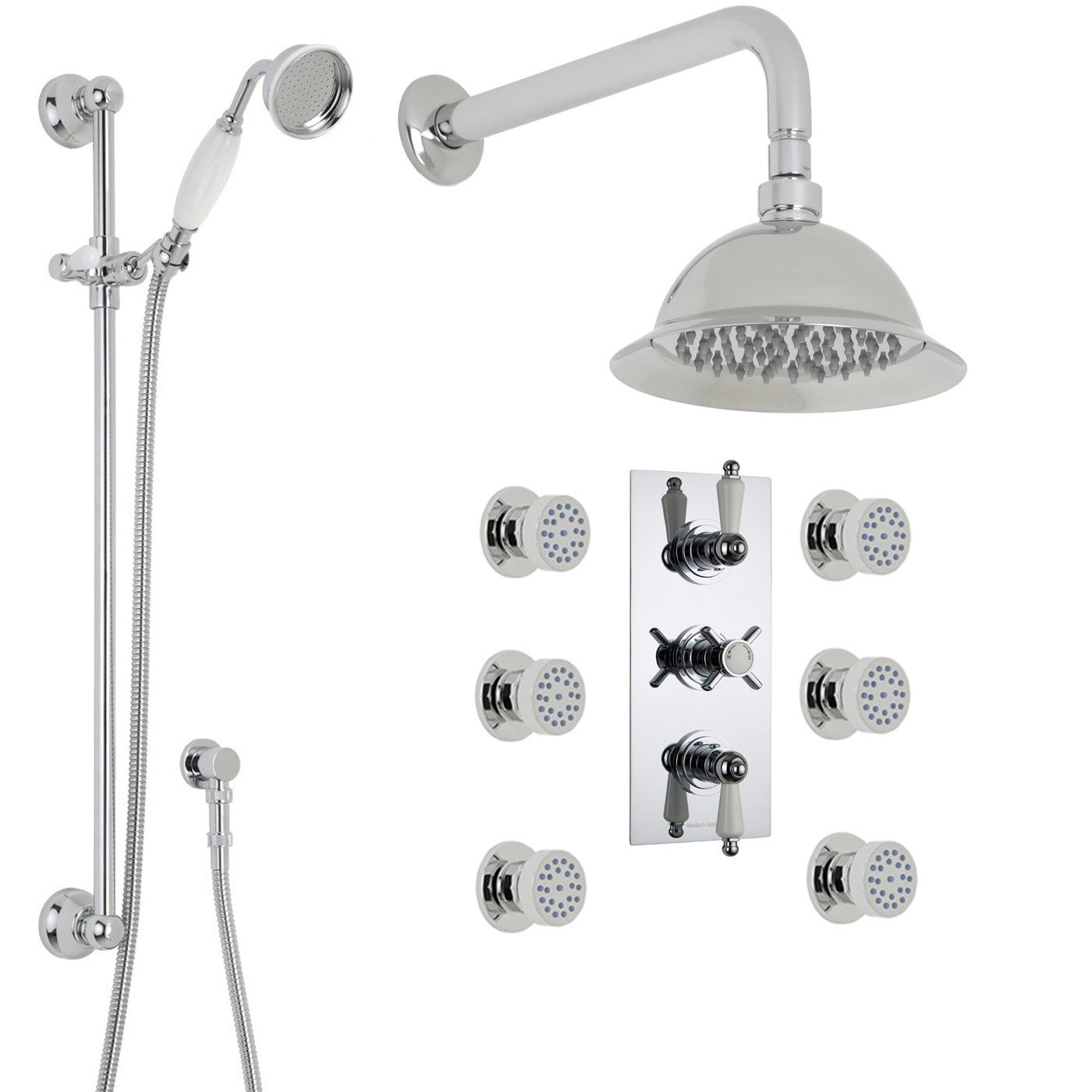 Beaumont Thermostatic Shower System with 8" Rose, Handshower & 6 Jet Sprays