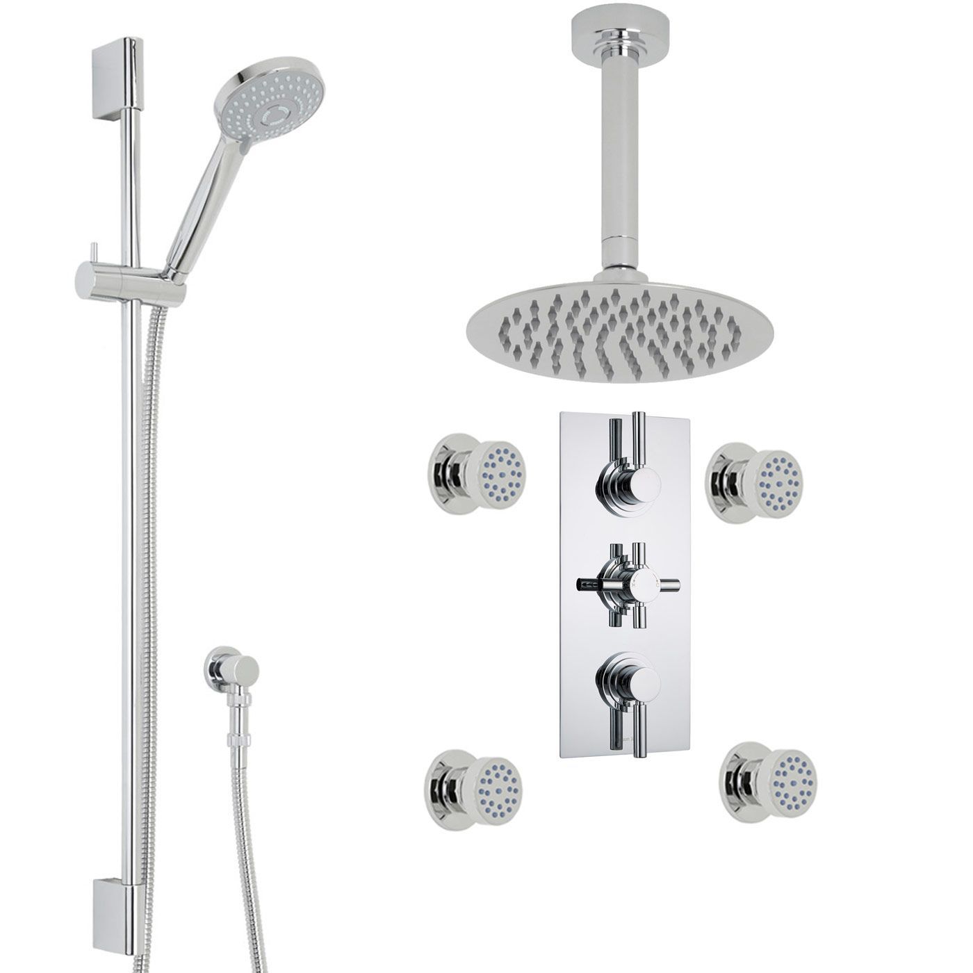 Tec Thermostatic Shower System with 8" Ceiling Head, Handshower & 4 Round Jet Sprays