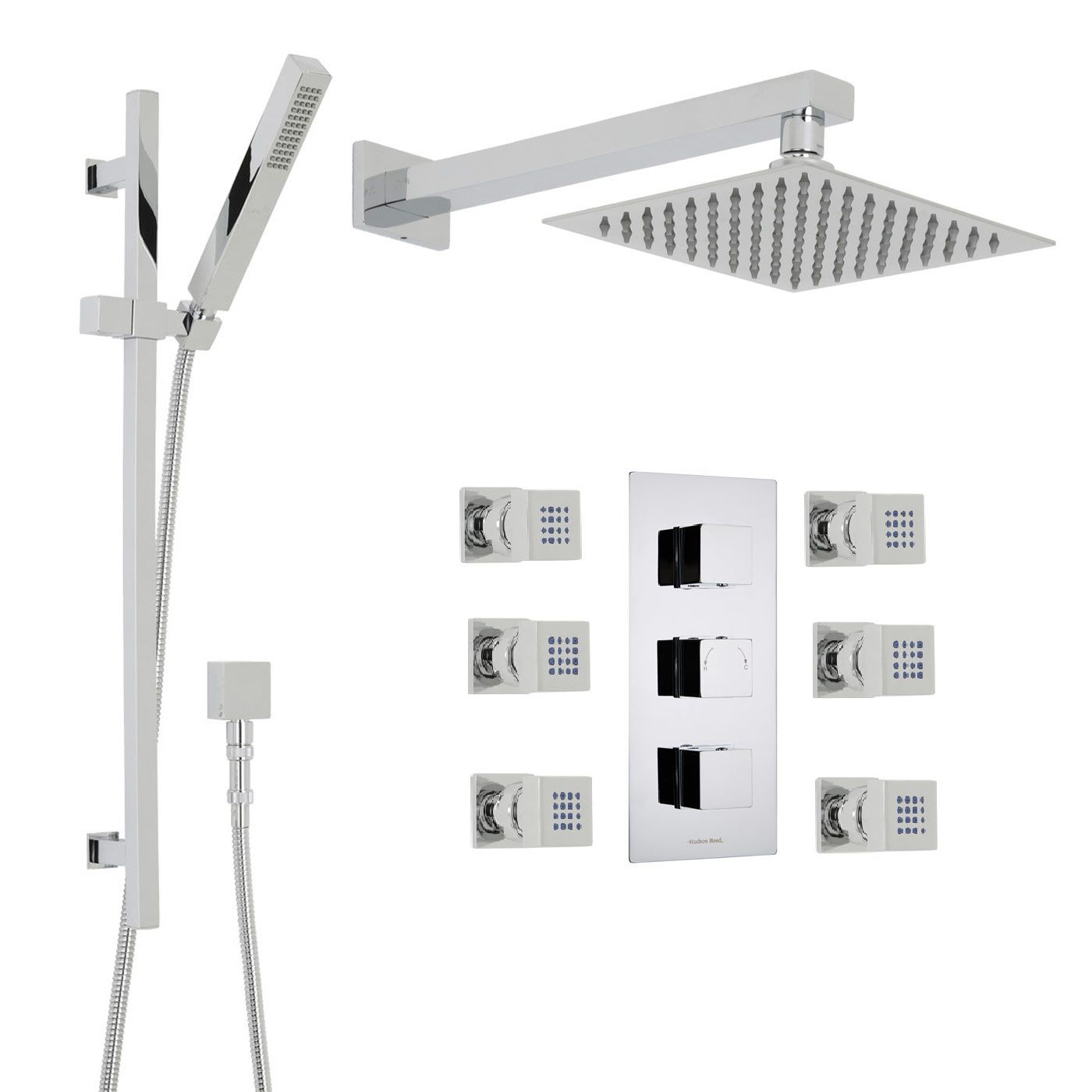 Kubix Thermostatic Shower System with 8" Square Head, Handshower & 6 Square Jet Sprays
