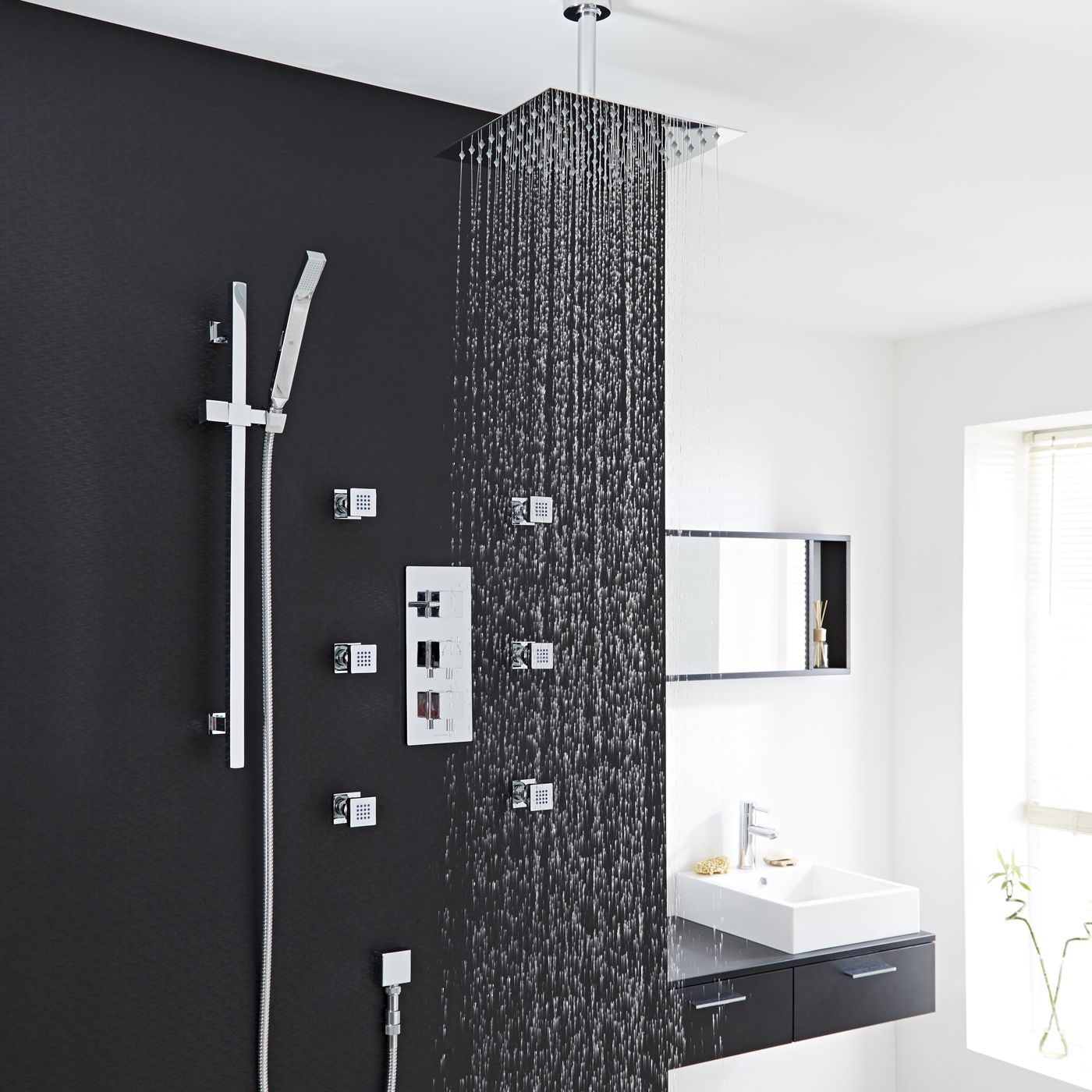 Square Thermostatic Shower System with 12" Ceiling Head, Handshower & 6 Square Jet Sprays