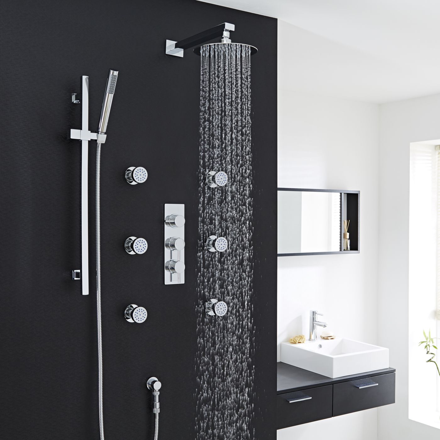 Quest Thermostatic Shower System with 8" Head, Handshower & 6 Sheer Jet Sprays