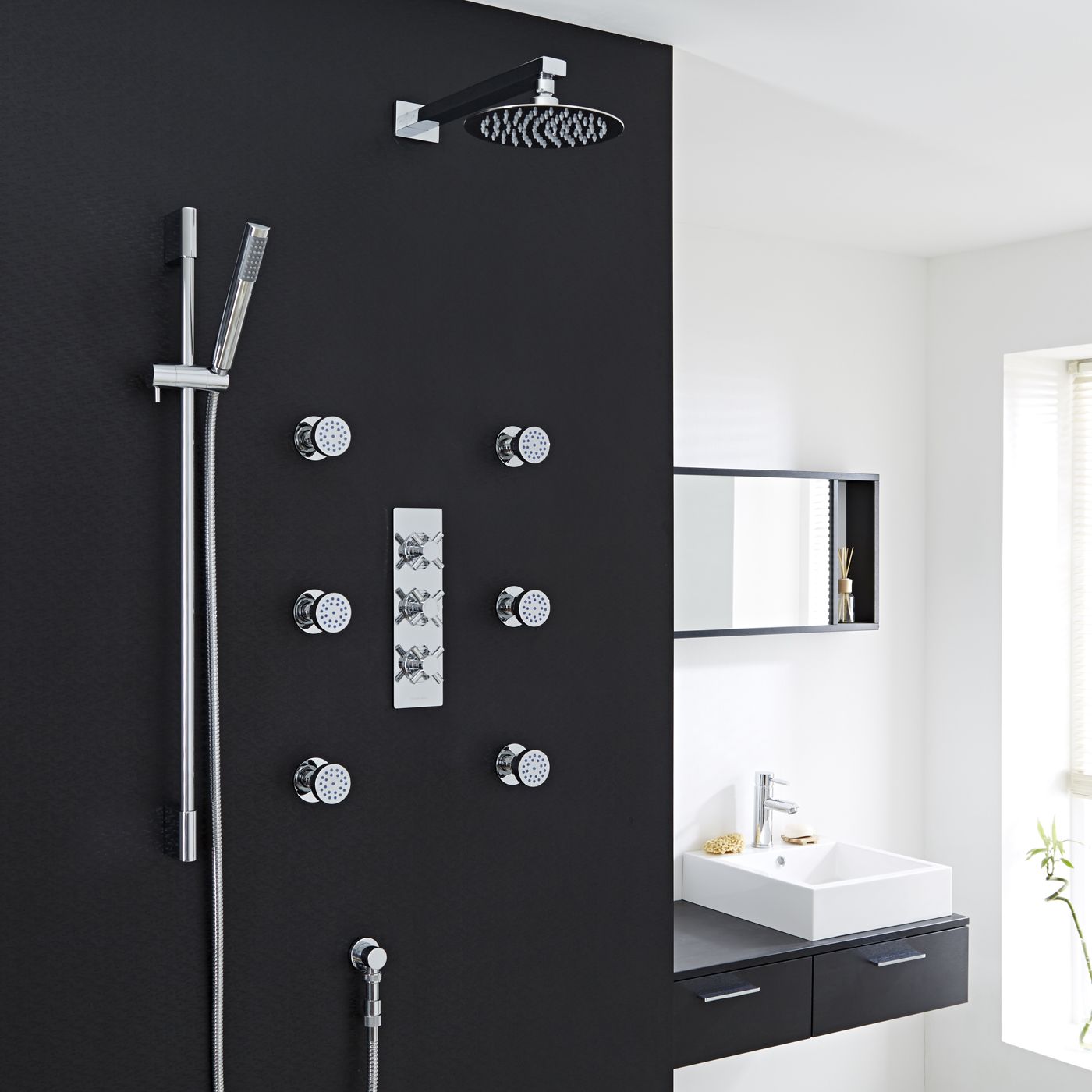 Kristal Thermostatic Shower System with 8" Head, Handshower & 6 Round Jet Sprays