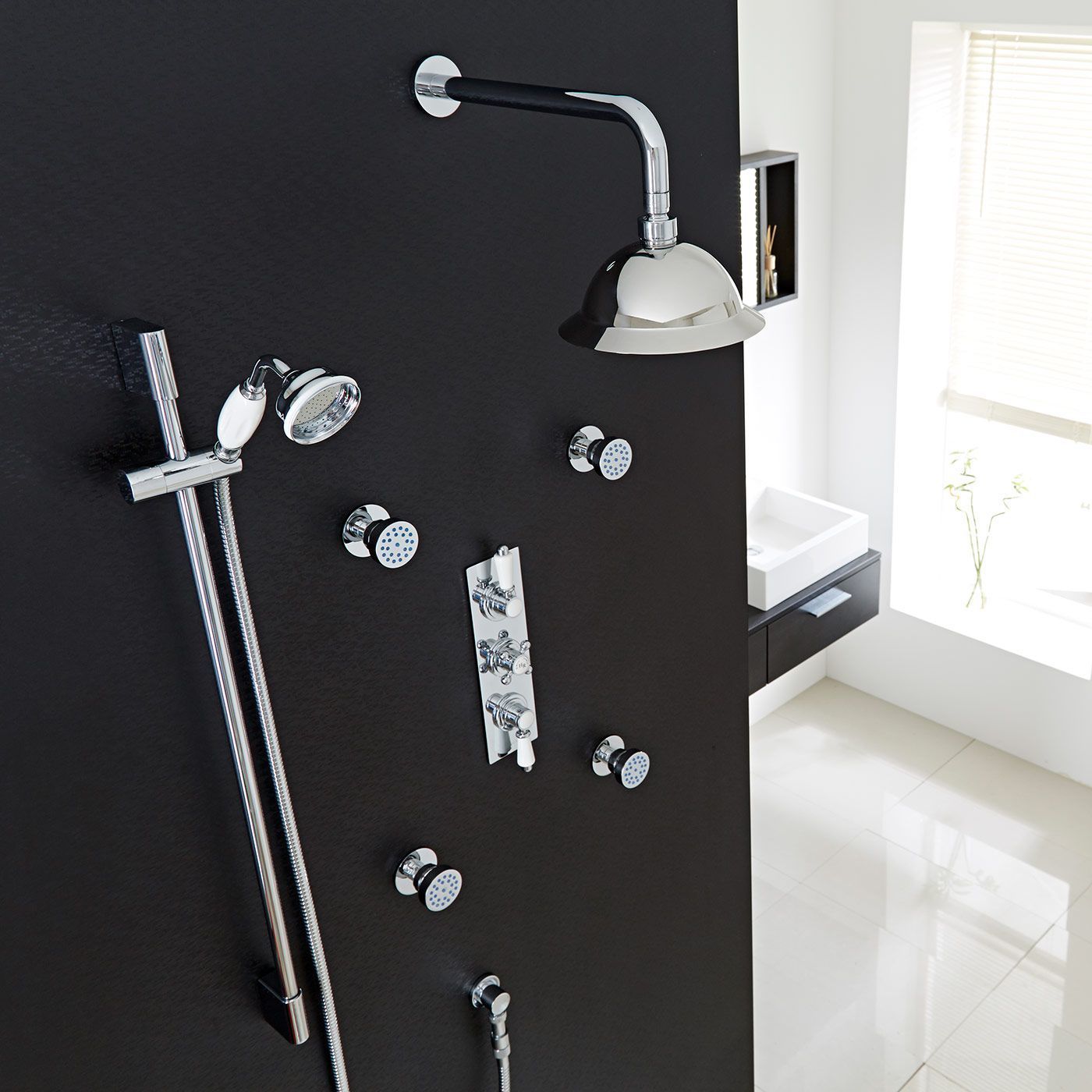 Traditional Thermostatic Shower System with 8" Rose, Handshower & 4 Round Jet Sprays