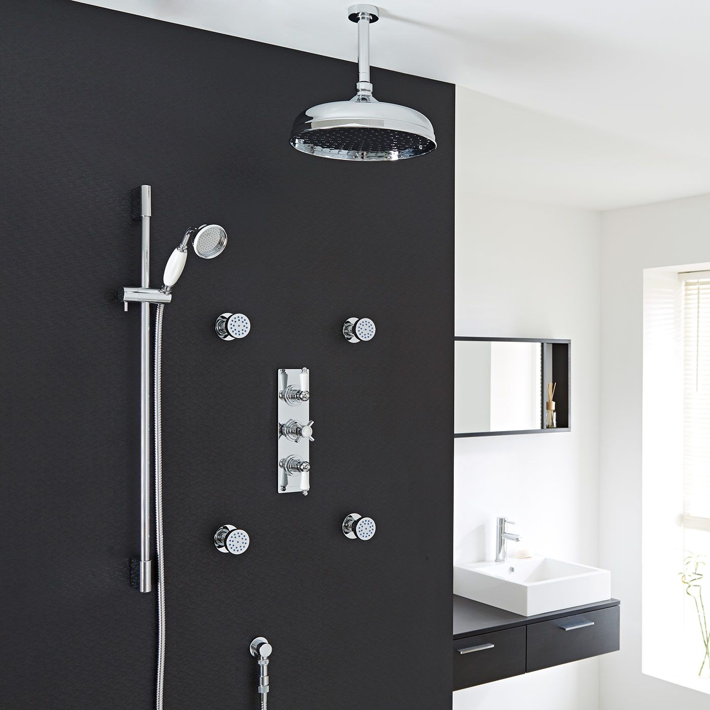 Beaumont Thermostatic Shower System with 12" Ceiling Apron , Handshower & 4 Round Jet Sprays