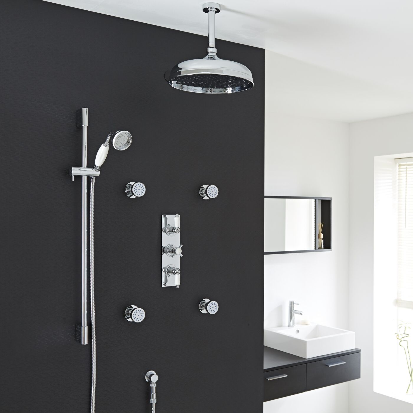 Valquest Thermostatic Shower System with 12" Ceiling Head, Handshower & 4 Round Jet Sprays