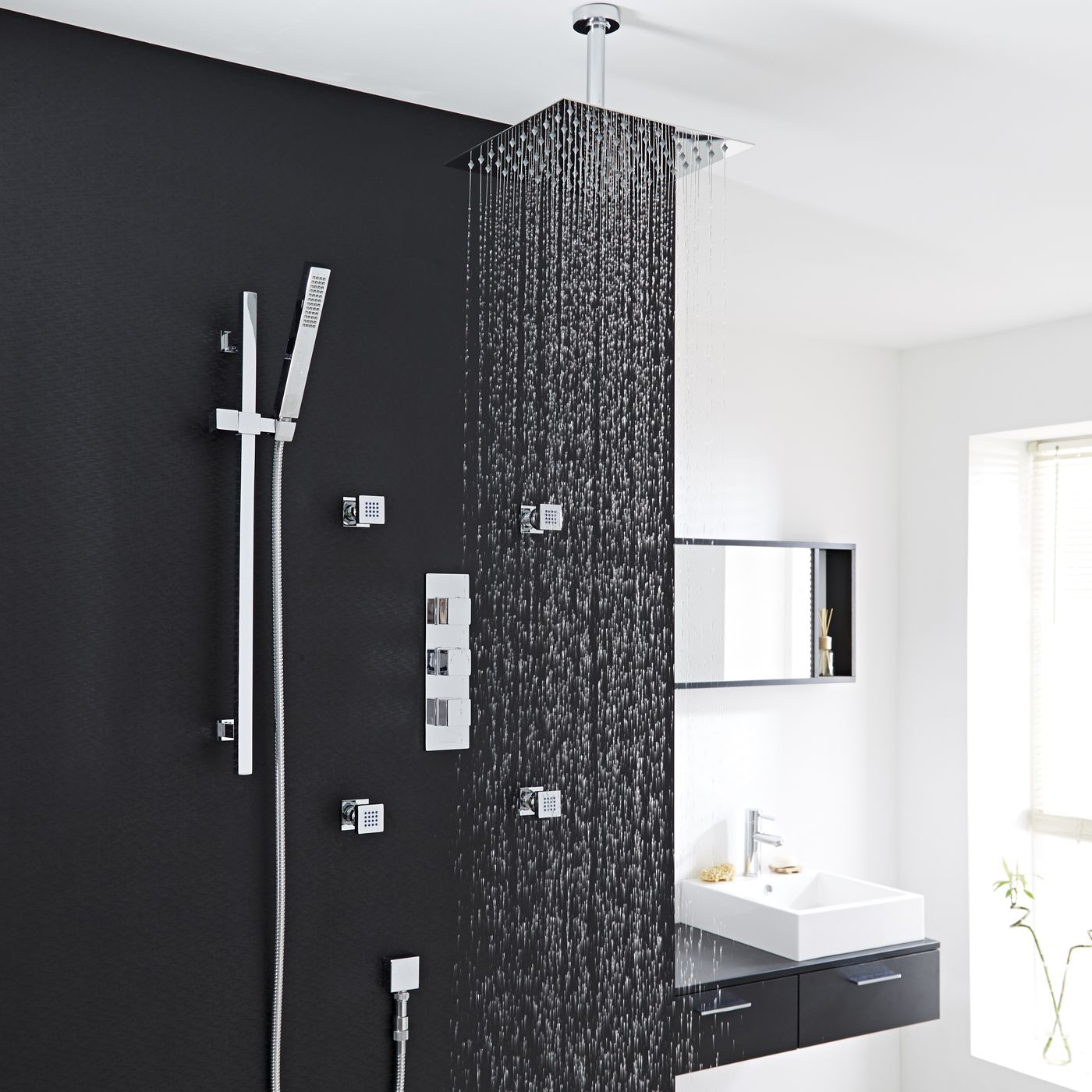 Kubix Thermostatic Shower System with 12" Square Ceiling Head , Handshower & 4 Square Jet Sprays