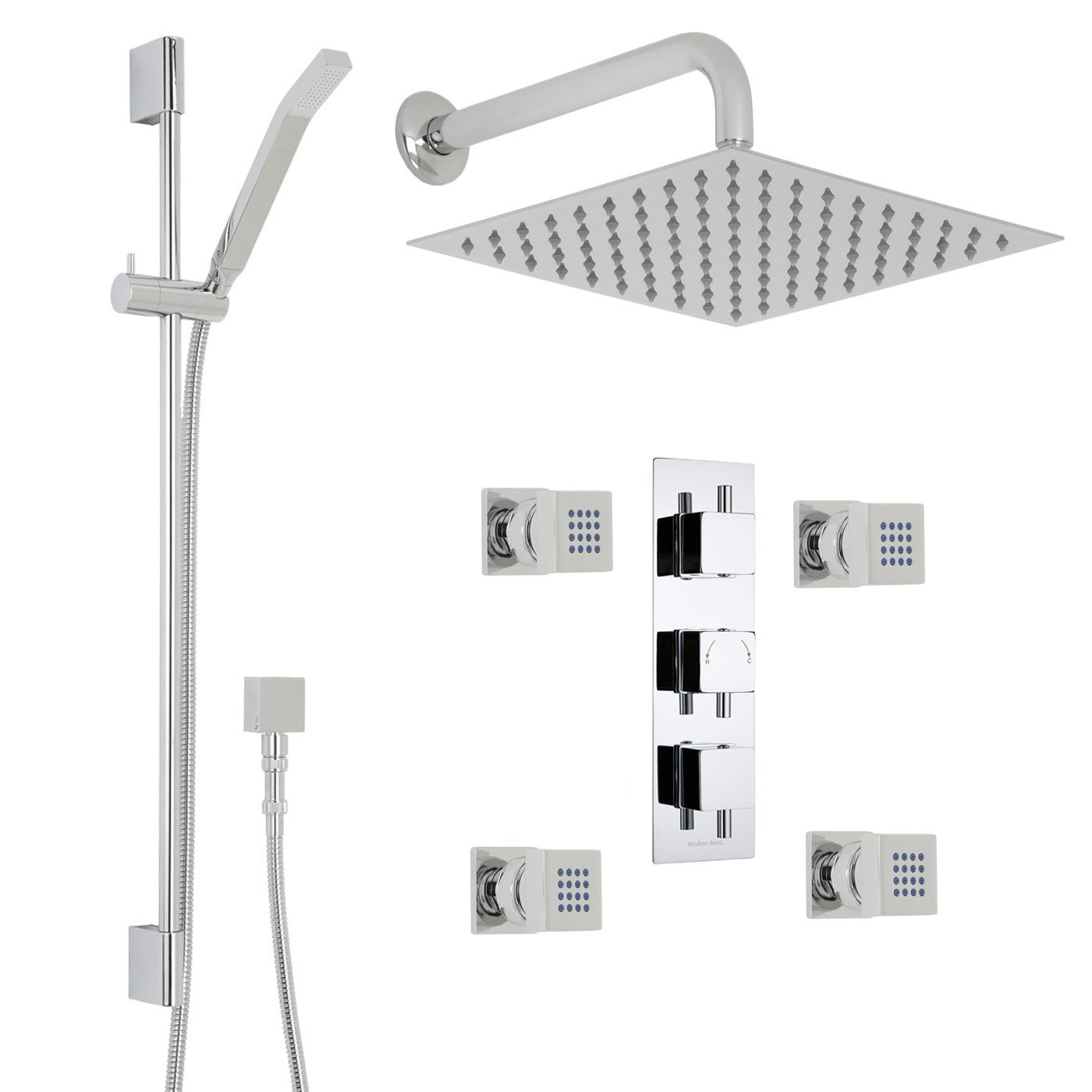 Square Thermostatic Shower System with 12" Head with Wall Arm, Handshower & 4 Square Jet Sprays