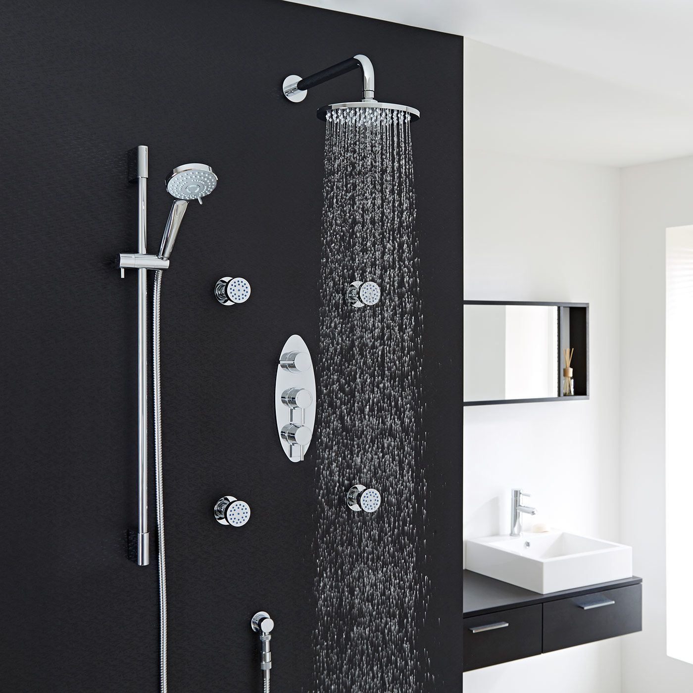Quest Thermostatic Shower System with 8" Head with Wall Arm , Multi-function Handshower & 4 Round Jet Sprays