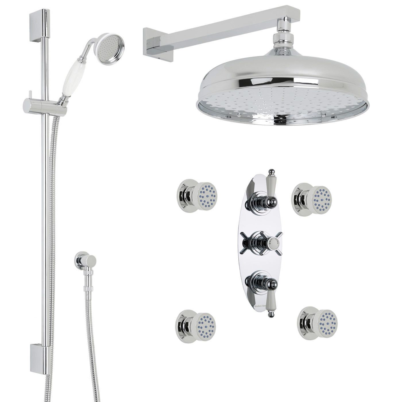 Beaumont Thermostatic Shower System with 12" Apron with Wall Arm , Handset & 4 Round Jet Sprays