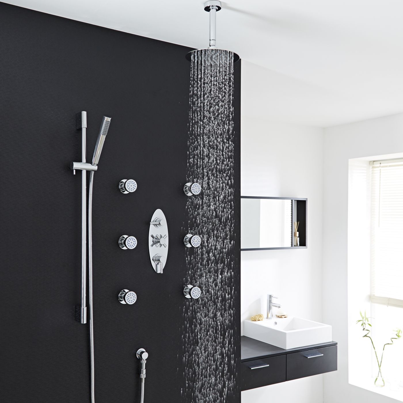 Tec Thermostatic Shower System with 8" Round Head & Ceiling Arm , Handset & 6 Round Jet Sprays