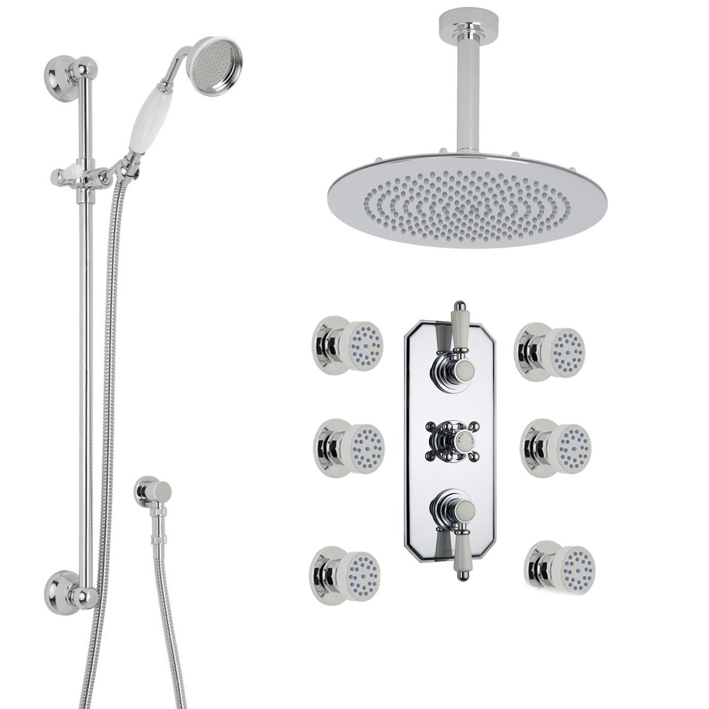 Traditional Thermostatic Shower System with 12" Round Head & Ceiling Arm , Handset & 6 Round Jet Sprays
