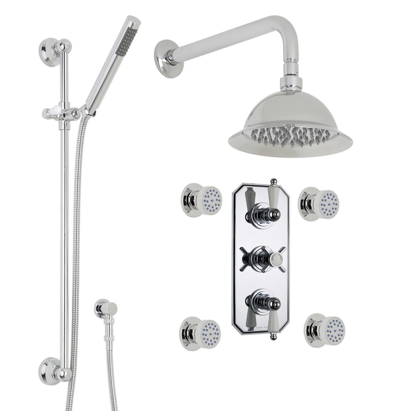 Beaumont Thermostatic Shower System with 8" Round Rose & Arm , Handset & 4 Round Jet Sprays