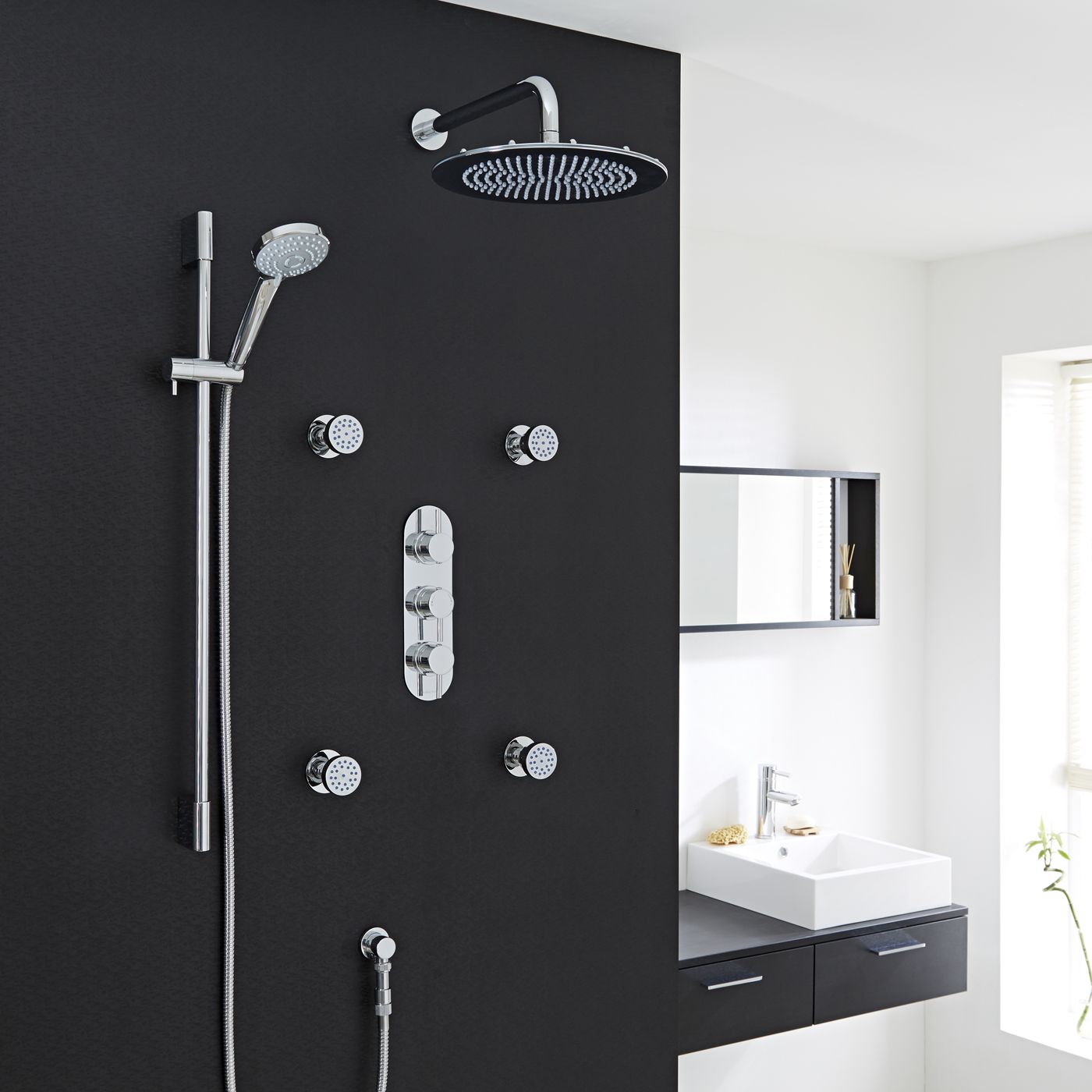 Quest Thermostatic Shower System with 12" Round Head & Arm , Multi-function Handset & 4 Round Jet Sprays