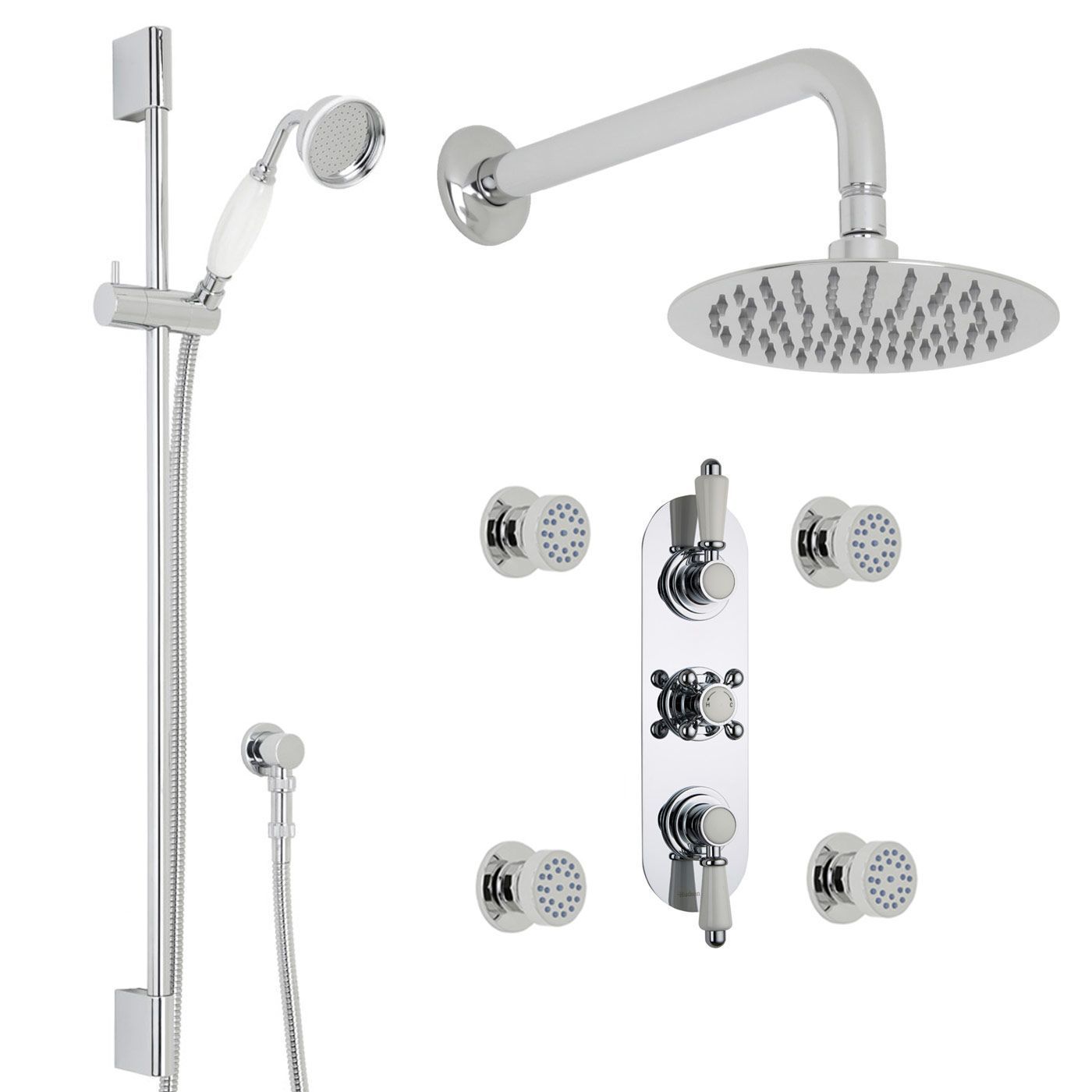 Traditional Thermostatic Shower System with 8" Round Head & Arm, Brass Handset & 4 Round Jet Sprays