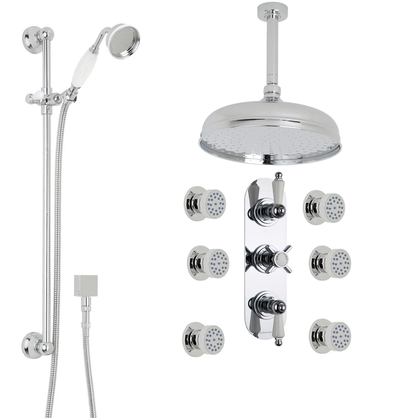 Beaumont Thermostatic Shower System with 12" Apron Head & Ceiling Arm , Brass Handset & 6 Round Jet Sprays