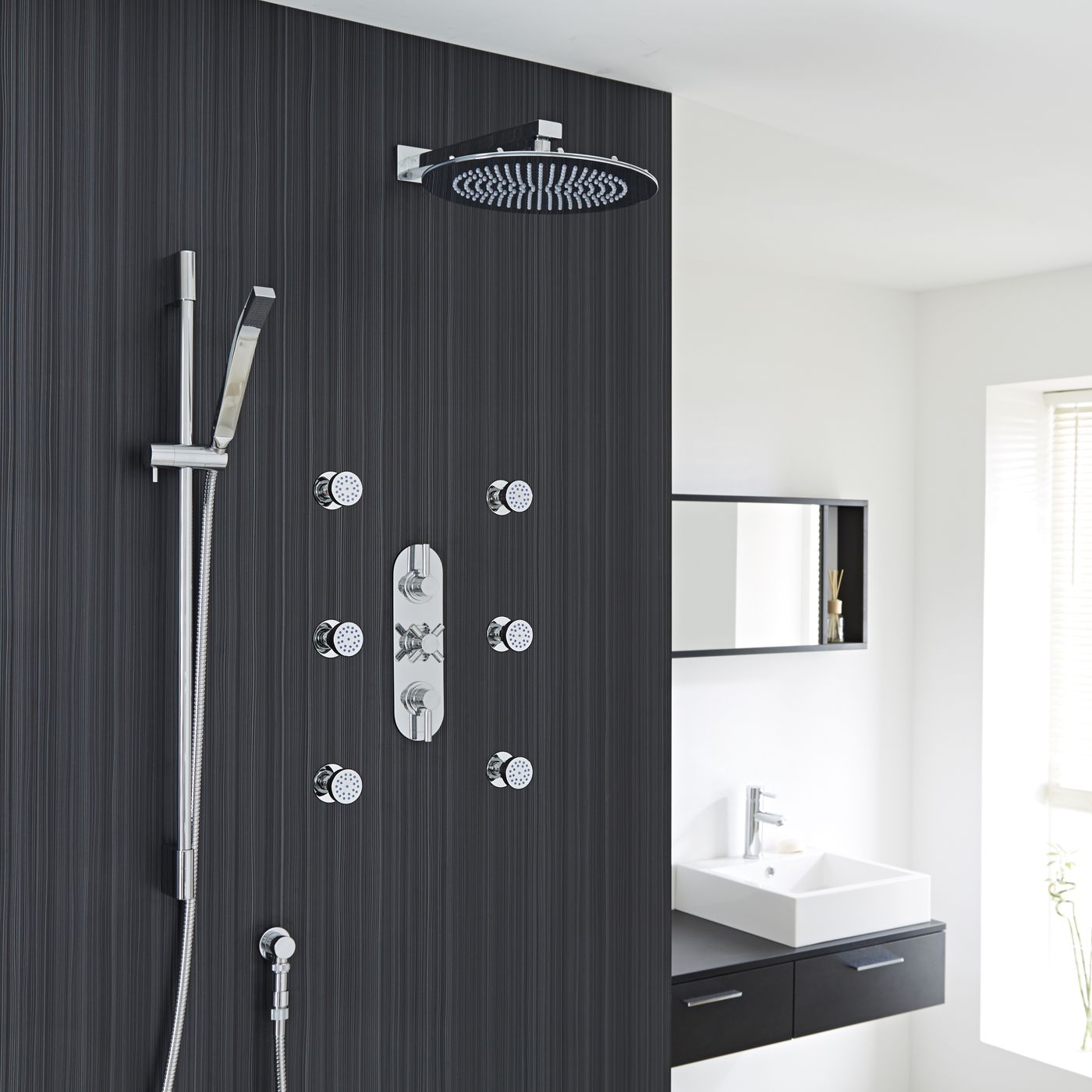 Tec Thermostatic Shower System with 12" Round Head & Arm , Brass Handset & 6 Round Jet Sprays