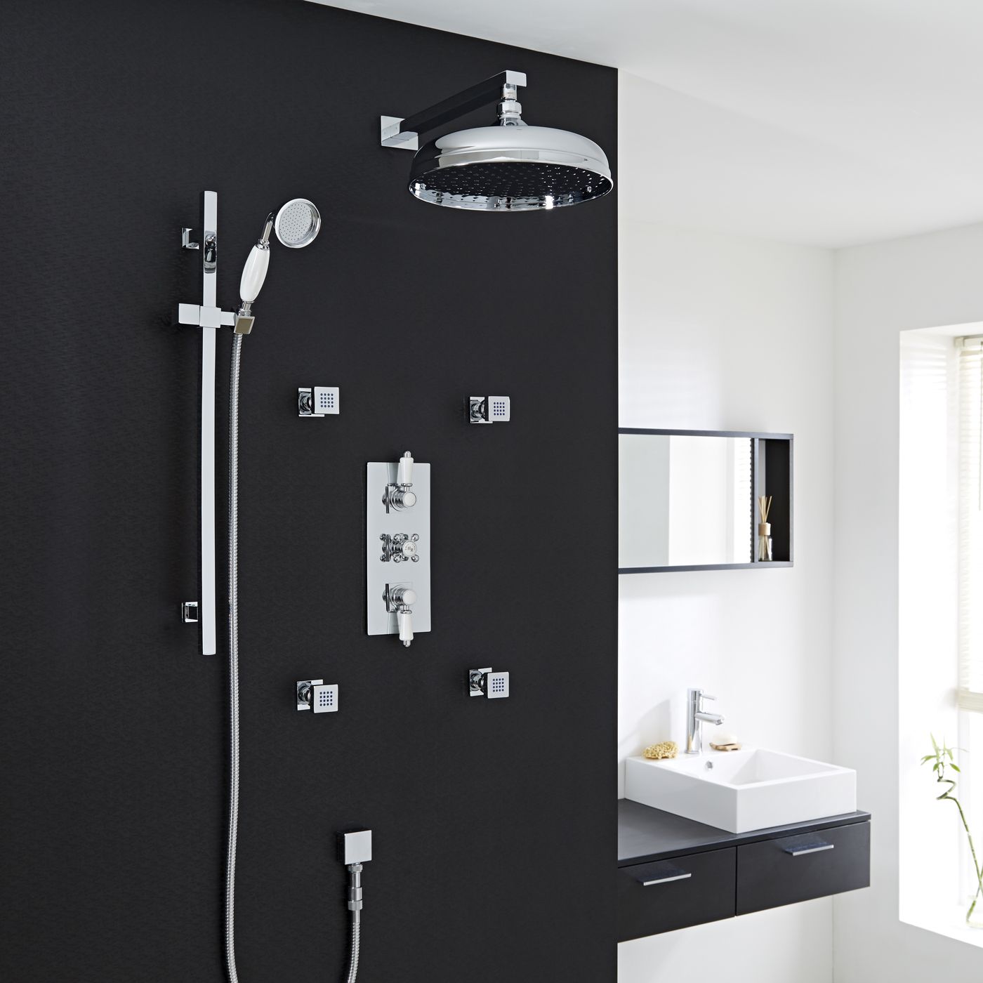 Traditional Thermostatic Shower System with 12" Apron Head & Wall Arm , Handset & 4 Square Jet Sprays