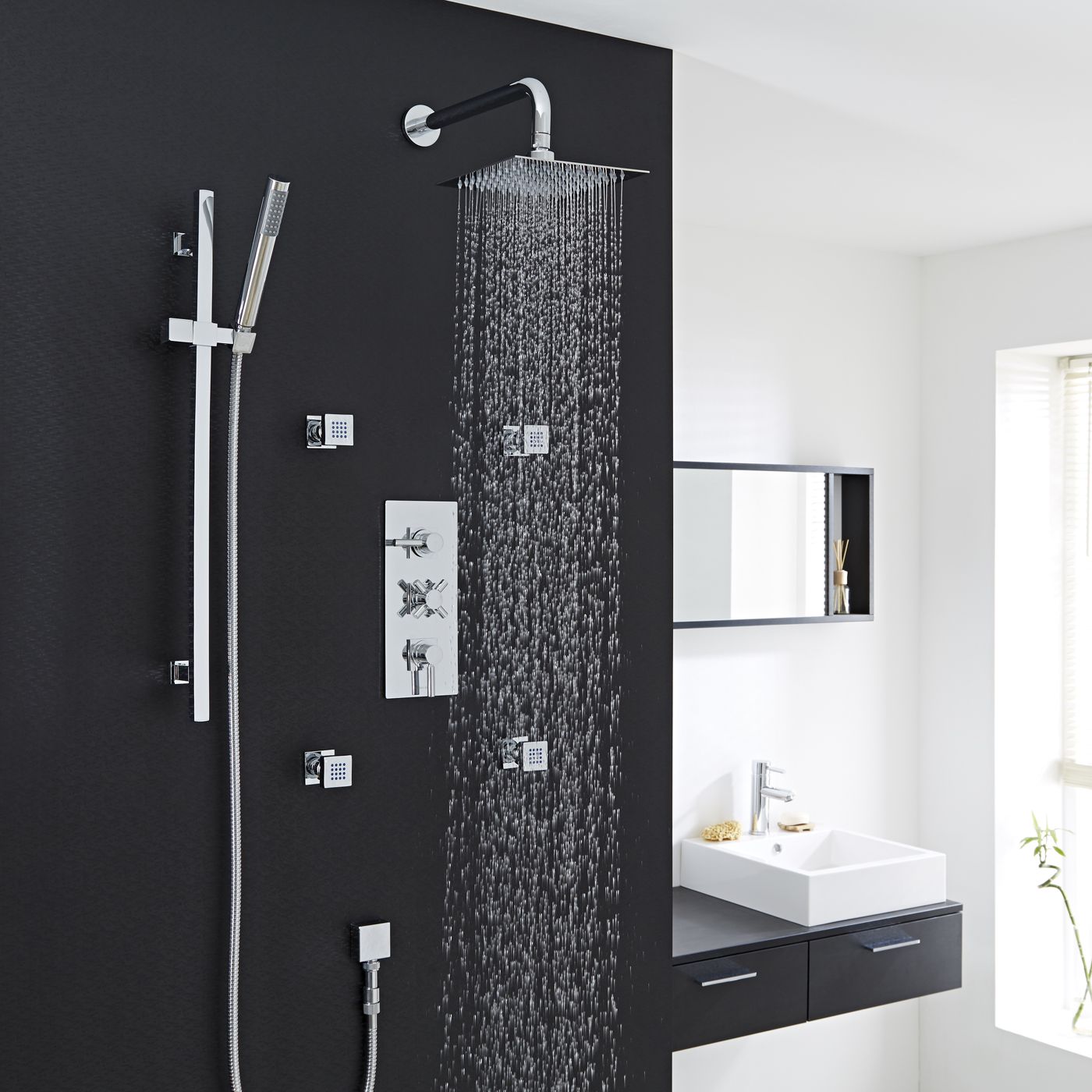 Tec Thermostatic Shower System with 8" Square Head & Wall Arm , Handset & 4 Square Jet Sprays