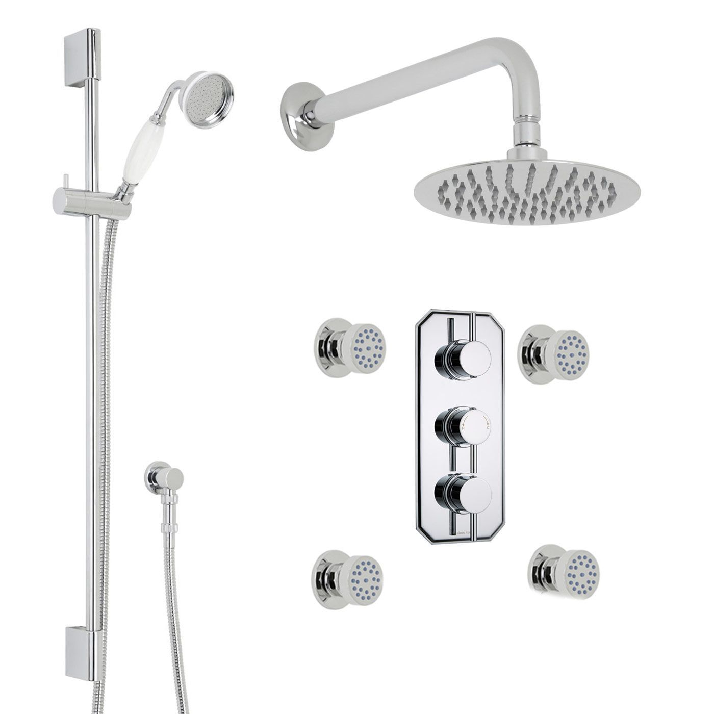 Quest Thermostatic Shower System with 8" Round Head & Wall Arm , Handset & 4 Round Body Sprays