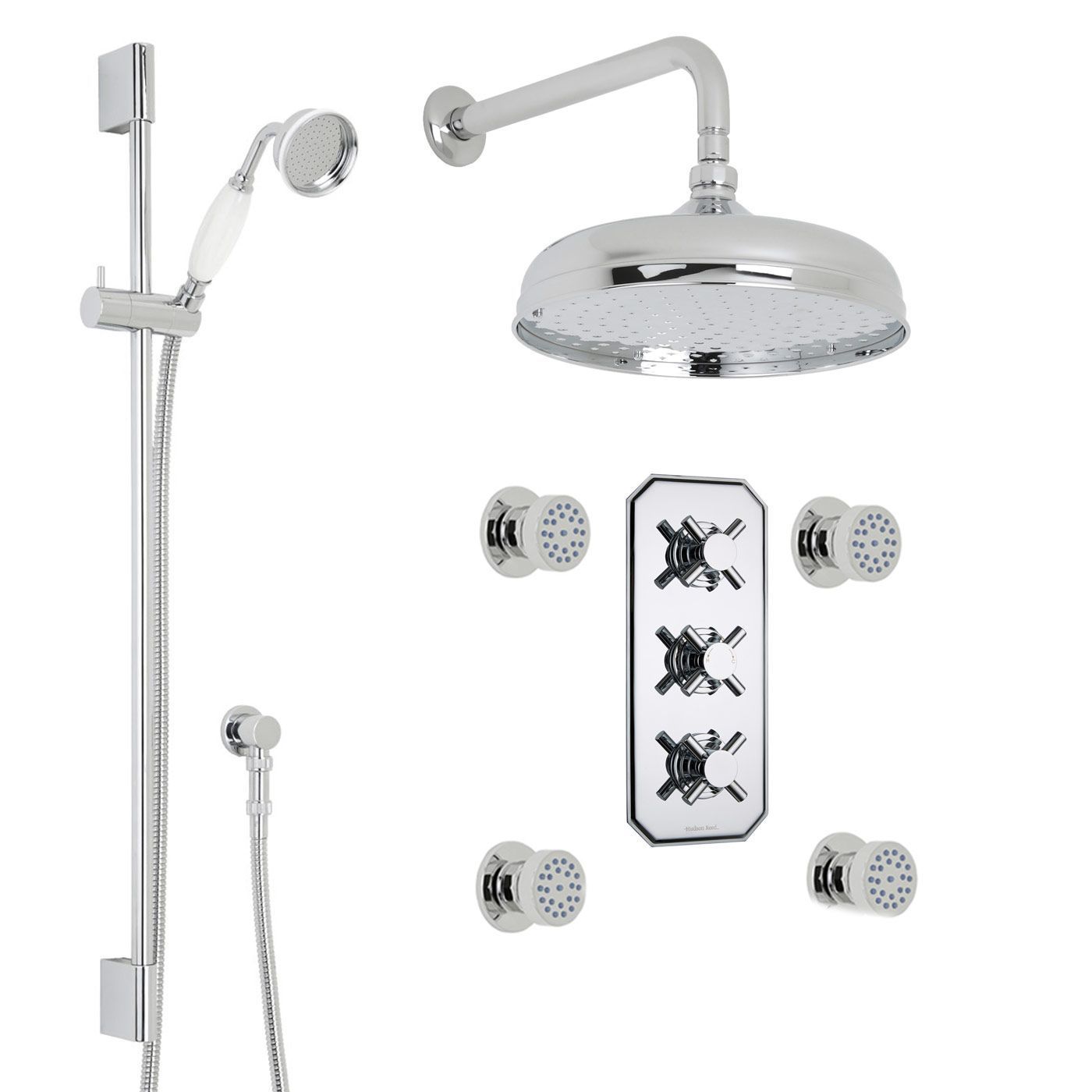 Kristal Thermostatic Shower System with 12" Round Head & Wall Arm , Handset & 4 Round Body Sprays